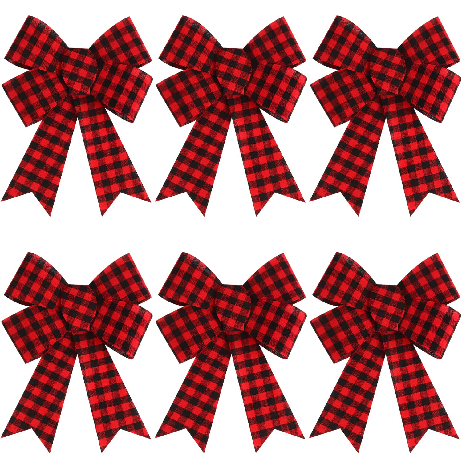 KIMOBER 6PCS Large Buffalo Plaid Christmas Bows,11 x 8 Inches Red and Black Plaid Christmas Wreath Bows for Xmas Tree Party Decoration