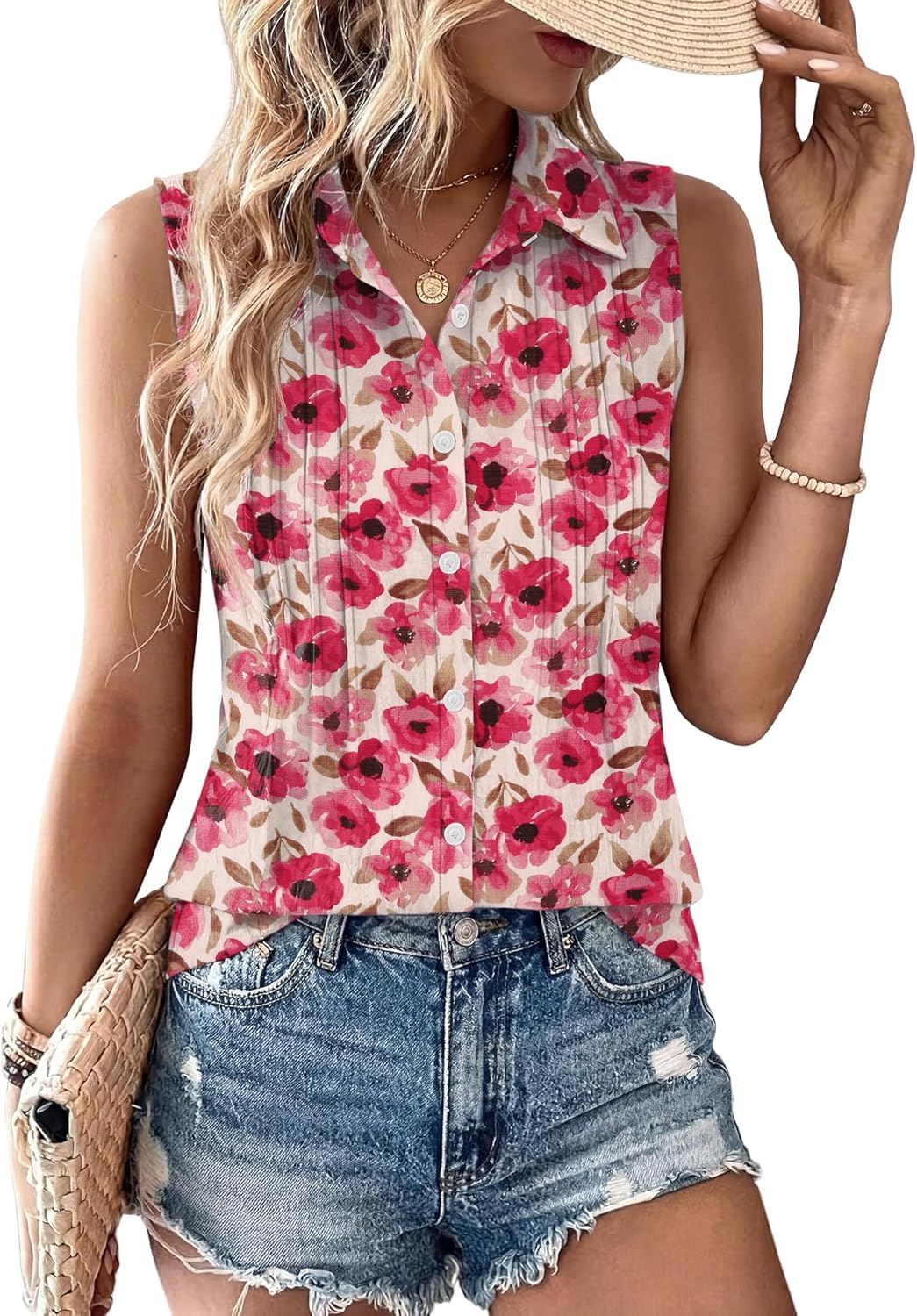 LOMON Women’s Summer Sleeveless Button Down Shirt Office Collared Blouses with Pleated Front Casual Basic Tank Tops