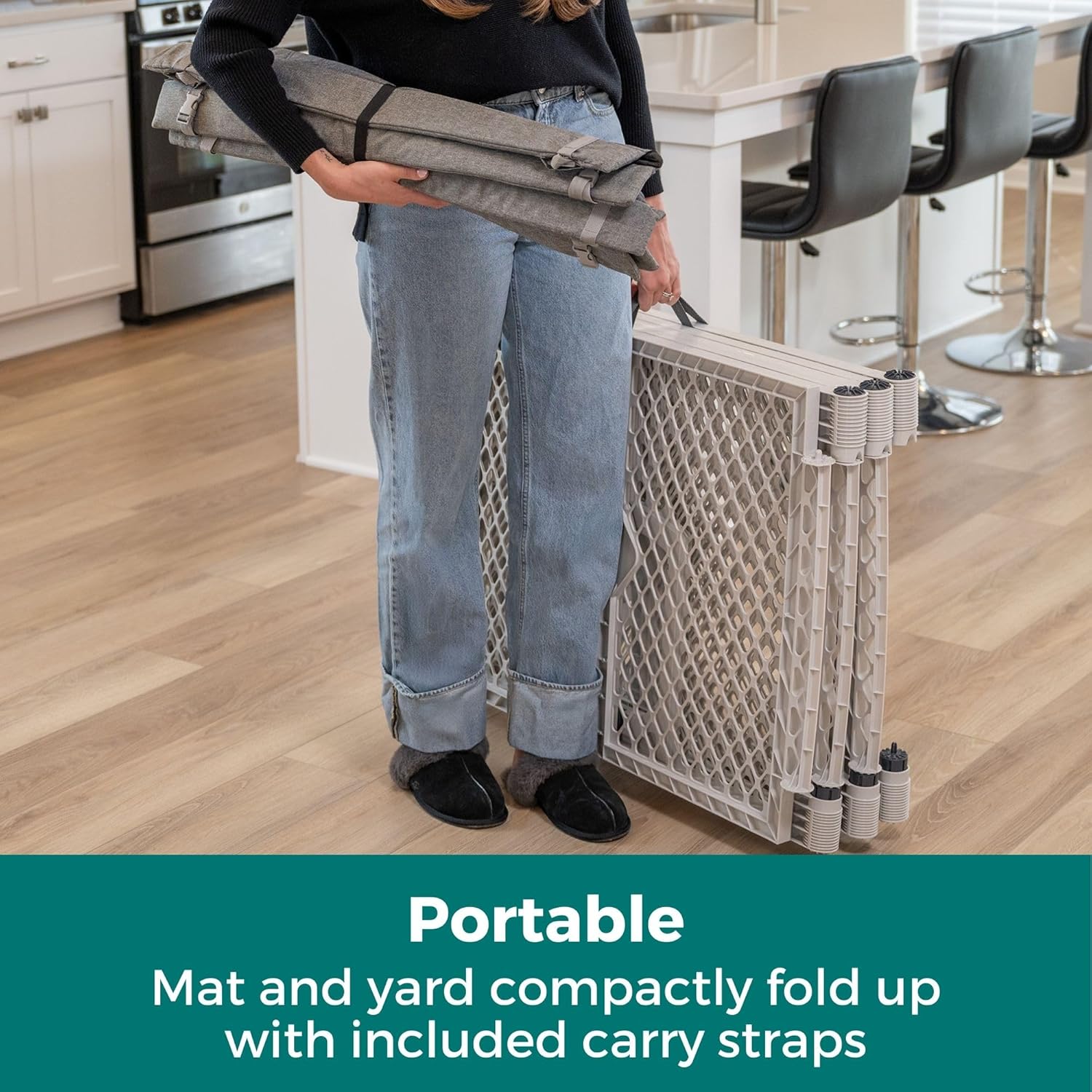 MyPet Petyard Protect Bundle: Freestanding 6-Panel Light Gray Pet Yard with Lockable Pet Door and Graphite SecureMat for Pets, Indoor/Outdoor Portable Dog Pen
