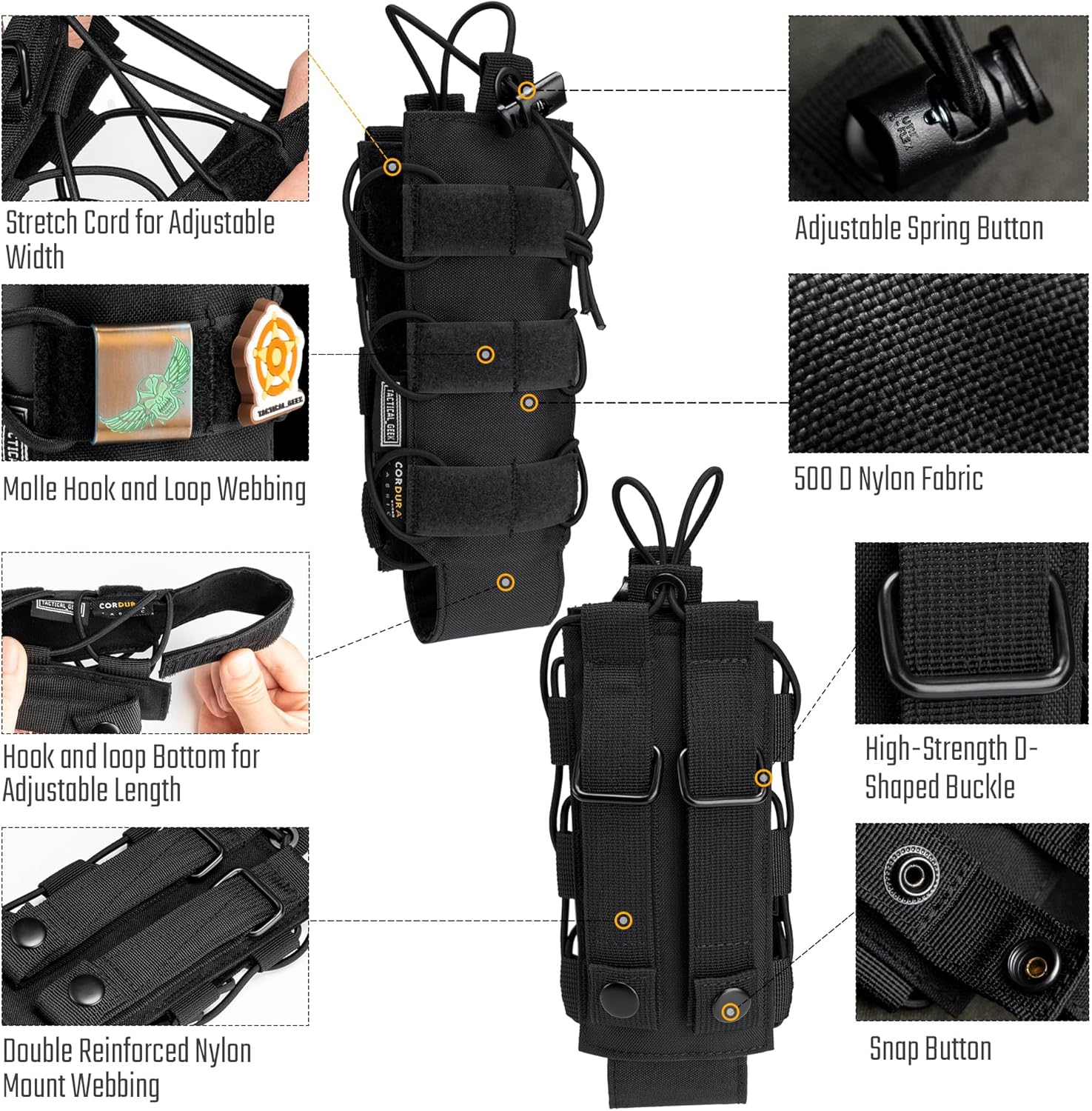 TACTICAL GEEK EXT11 Water Bottle Pouch, Portable Carrier, Drawstring Travel Holder, Adjustable Outdoor Sports Kettle Carrier Holster, Molle Water Bottle Holder (Black)
