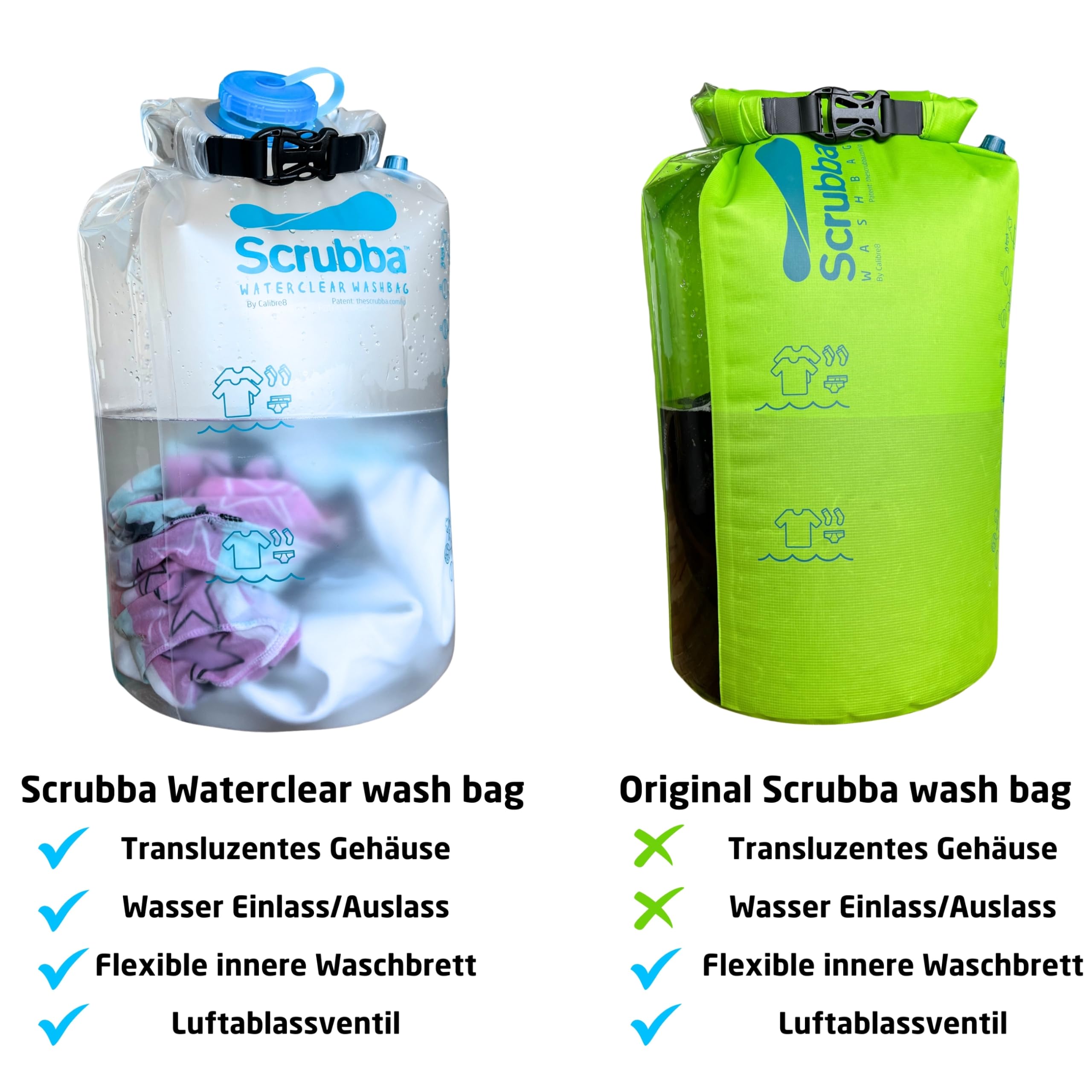 Scrubba WATERCLEAR Waschbeutel - Tragbare Waschmaschine mit breiter Einfüllöffnung - Für Camping, Hotels, Reisen & Babywäsche - Manuell, kompakt & leicht - Waschbeutel für unterwegs - 195g