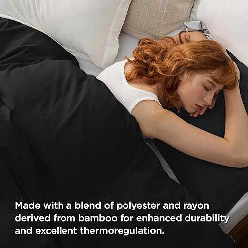Miniatura 4 de Bedsure Funda de edredón tamaño individualindividual XL para niños, poliéster y rayón derivados del bambú, funda de edredón negra refrescante