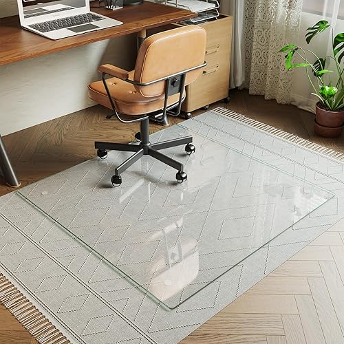 Vista 103 de Koonmi Tapete para silla de vidrio templado para suelos de madera dura y alfombras, 30 x 48 pulgadas, color gris, protector de piso de oficina