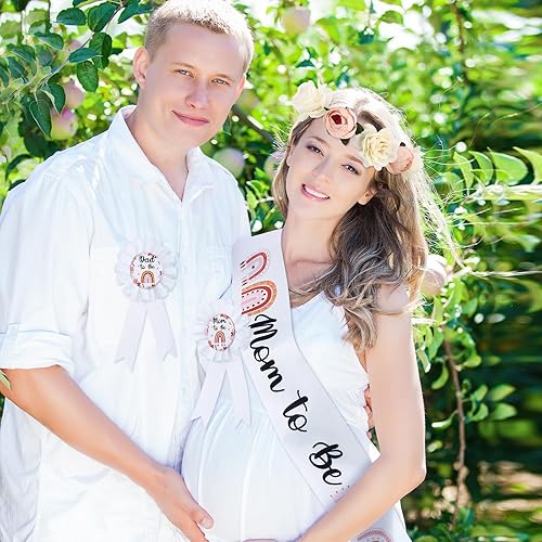 Miniatura 6 de XunYee Juego de 4 bandas de maternidad con diseño de arco iris bohemio para mamá y madre, boho, para papá con texto en inglés "To Be Ramillete" y