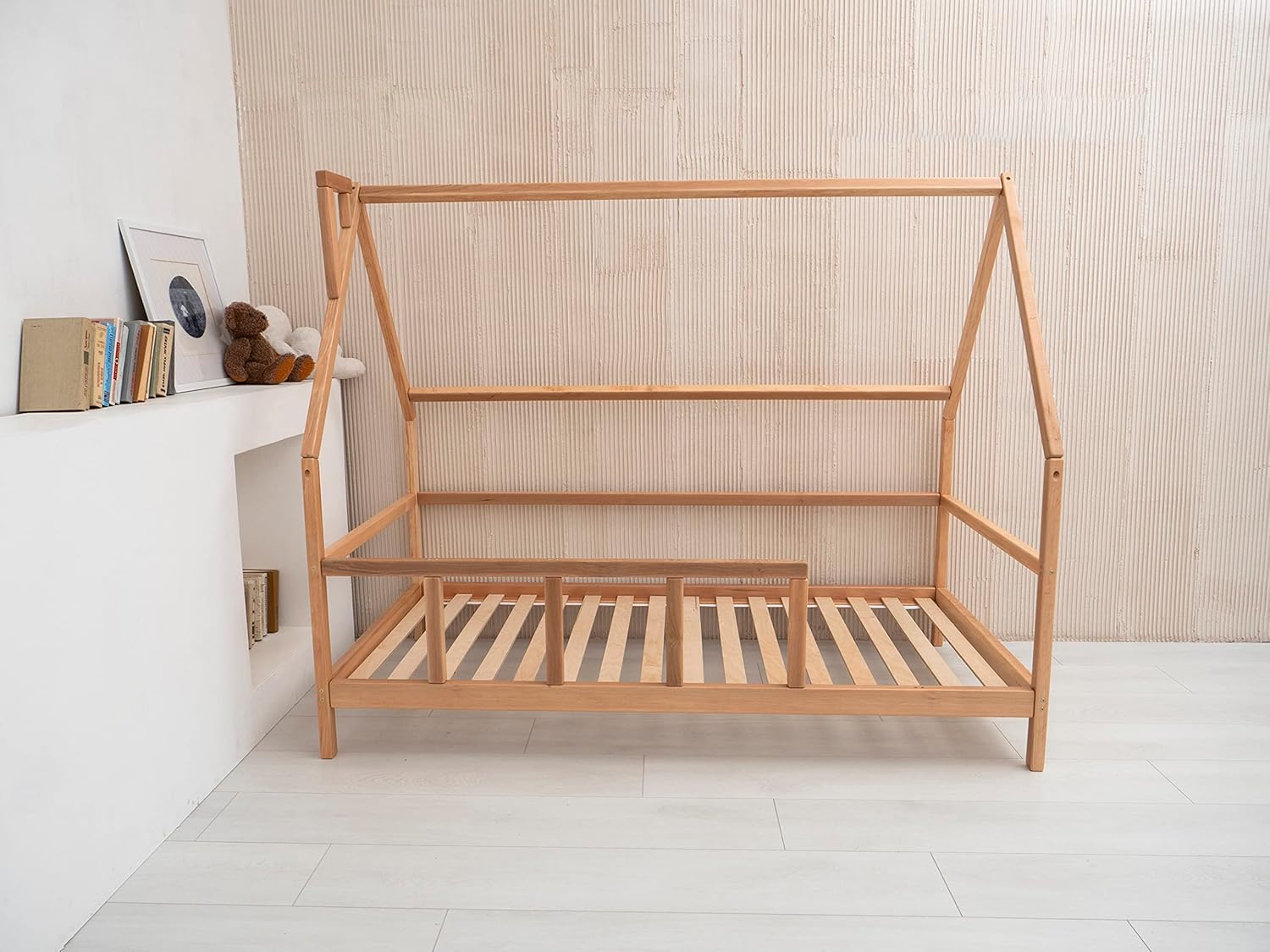 BUSY WOOD Montessori Bed for Toddlers - Cozy House Bed for Kids - Wooden Loft Toddler Bed Frame - House Bed Frame - Montessori Bed with Rails - Toddler Bedroom Furniture (Model 1, Legs and Slats)