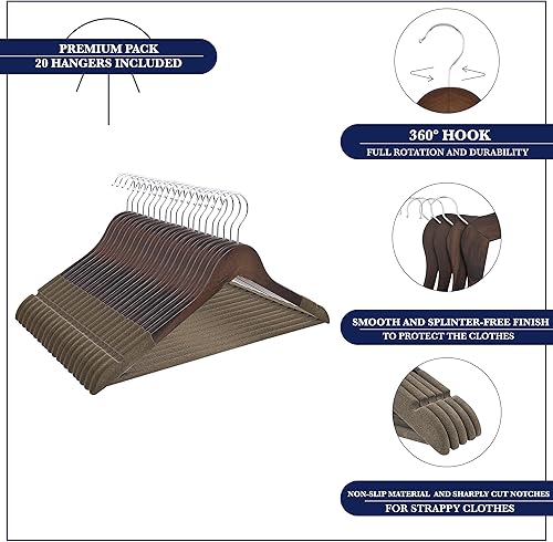 Miniatura 2 de Perchas de madera – Perchas antideslizantes de lujo de madera de loto natural y terciopelo para trajes y pantalones – 360 ganchos giratorios – 20