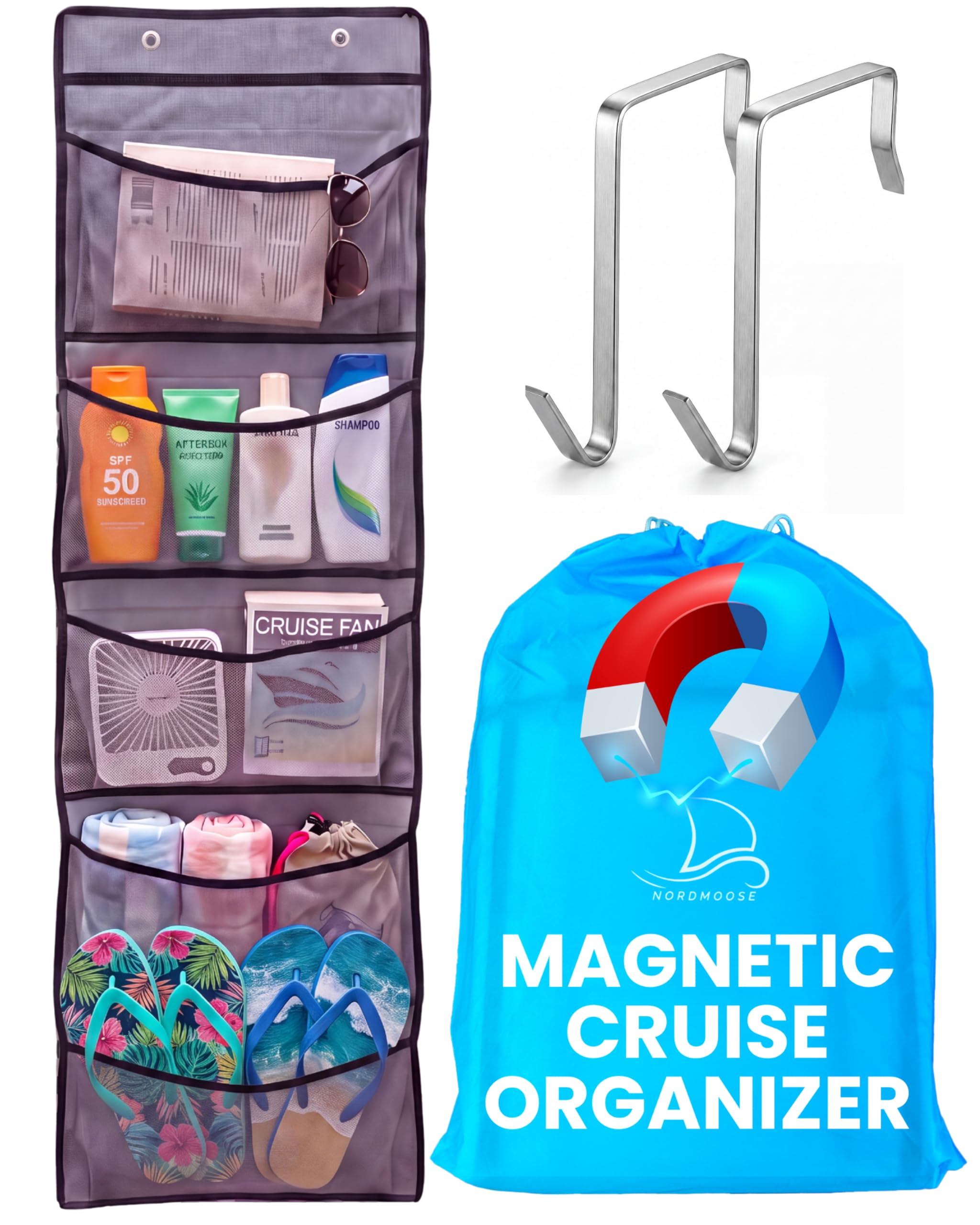 Magnetic Cruise Organizer 5 Pockets, 51" x 13" With Pocket Size 8" x 12,5" - Over The Door Organizer For Cruise Ships, Magnetic + Hook Mount, Large Durable Pockets for Cruise Essentials 2026
