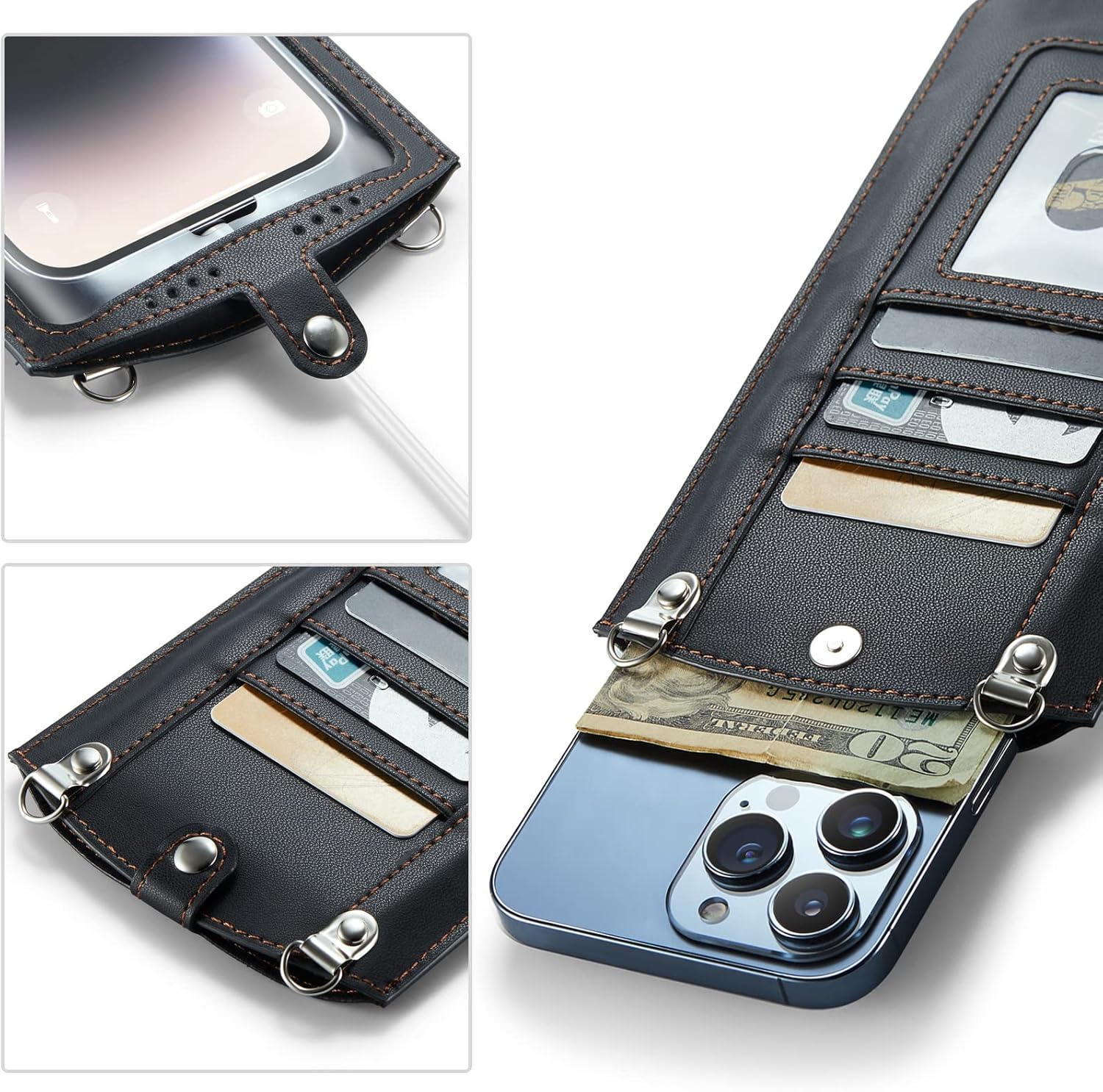 Small Crossbody Bag Cell Phone Purse for Women Men Leather Mini Shoulder Bag Wallet Case with Card Holder Slot Necklace Lanyard for All Phones iPhone Samsung Google up to 7.3" Black - Image 4