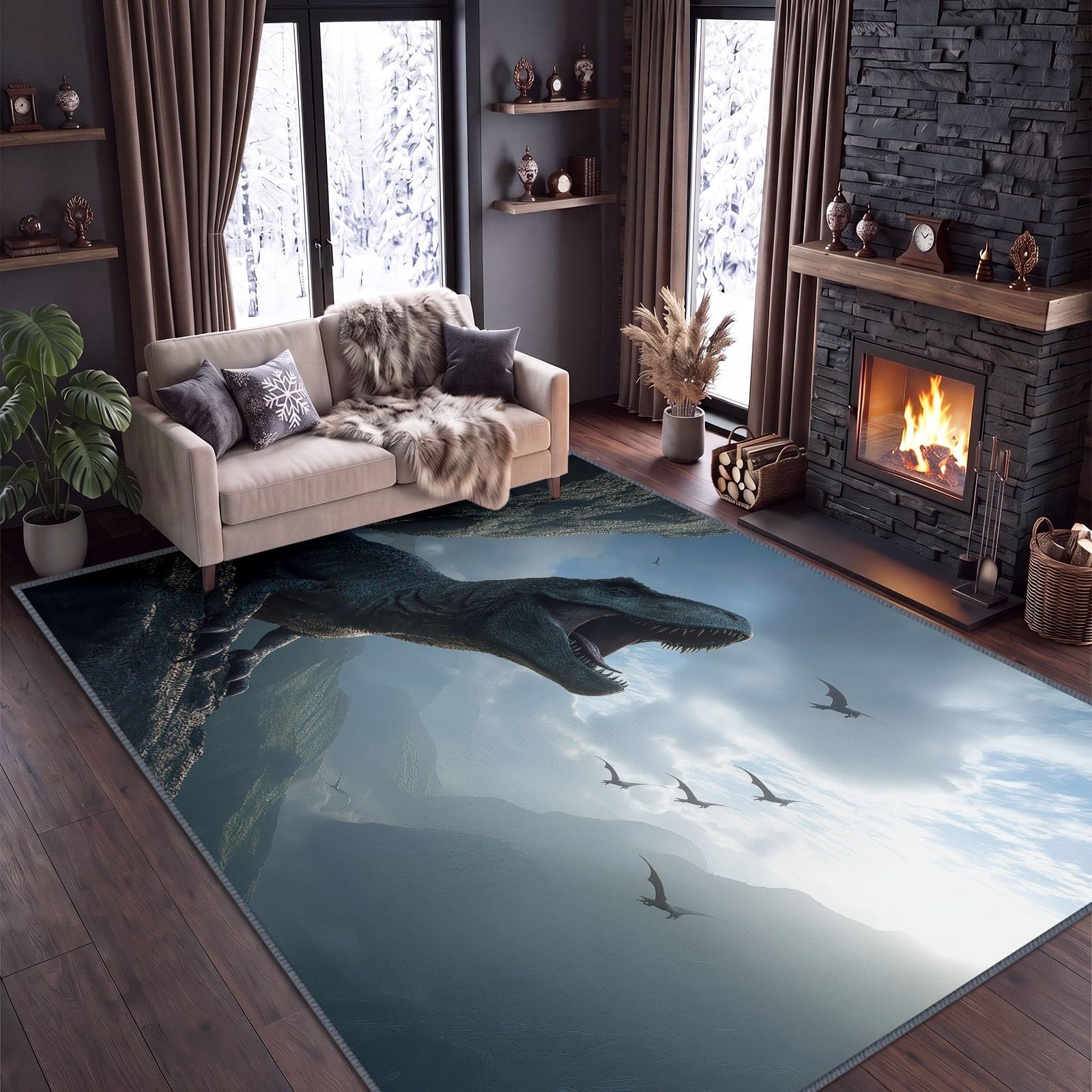 Tappeto per soggiorno con film 160 x 230 cm, animale T Rex lavabile in lavatrice, tappeto antiscivolo, design moderno, tappeto a pelo basso stampato per sala giochi per bambini e animali domestici