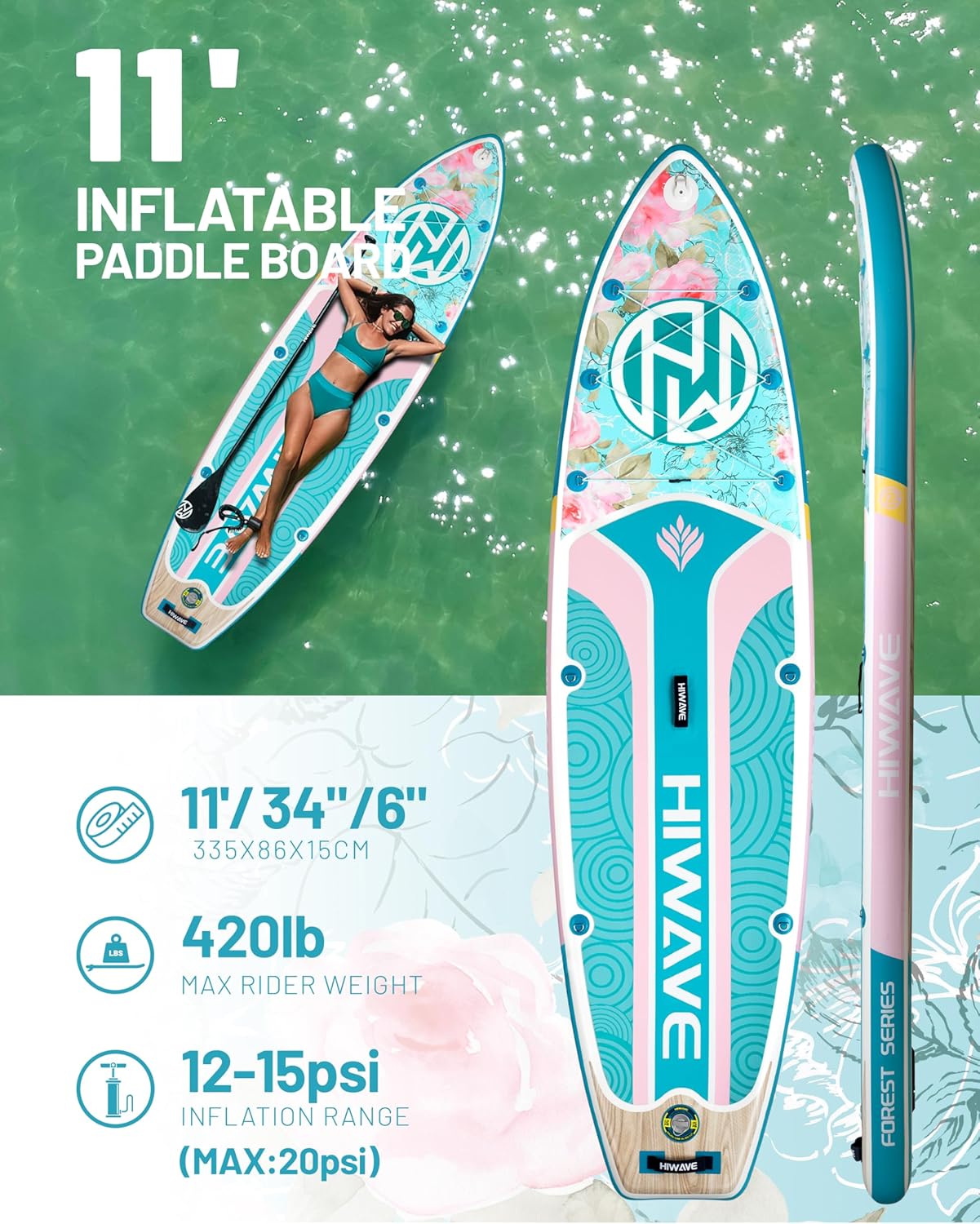 Hiwave Inflatable Paddle Board 11 '* 34 "* 6" Extra Wide Sup Board, 420lb Capacity Paddle Board for Adults, Suitable for Sea and Lakes, 2+1Family Board