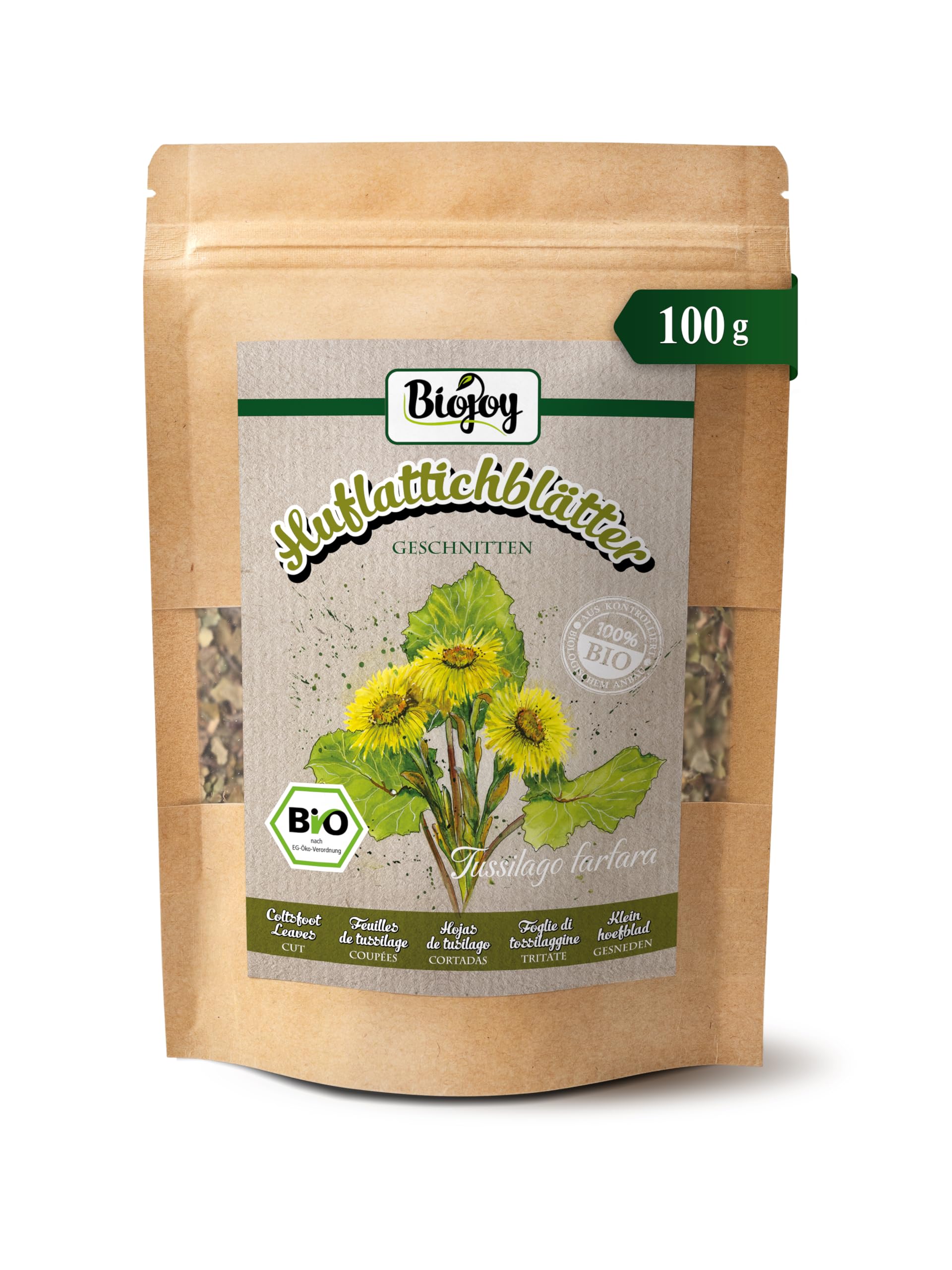 Biojoy BIO-Huflattich Tee (100 g), Huflattich-Blätter getrocknet und geschnitten (Tussilago farfara)
