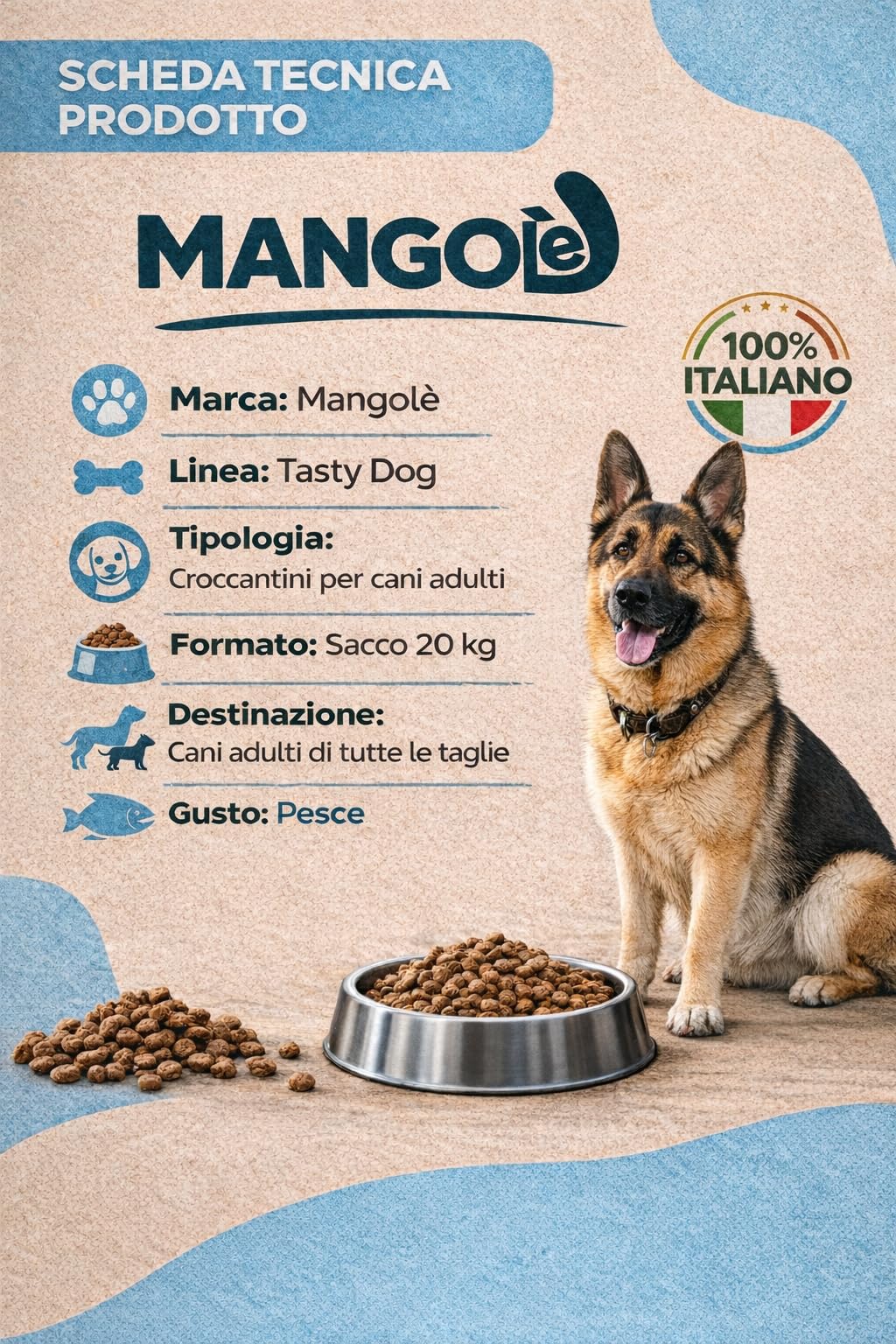 Mangolè Tasty Dog Adult Pesce 20 kg Croccantini per Cani Adulti Tutte le Taglie Alimento Completo con Proteine Animali 25% Made in Italy