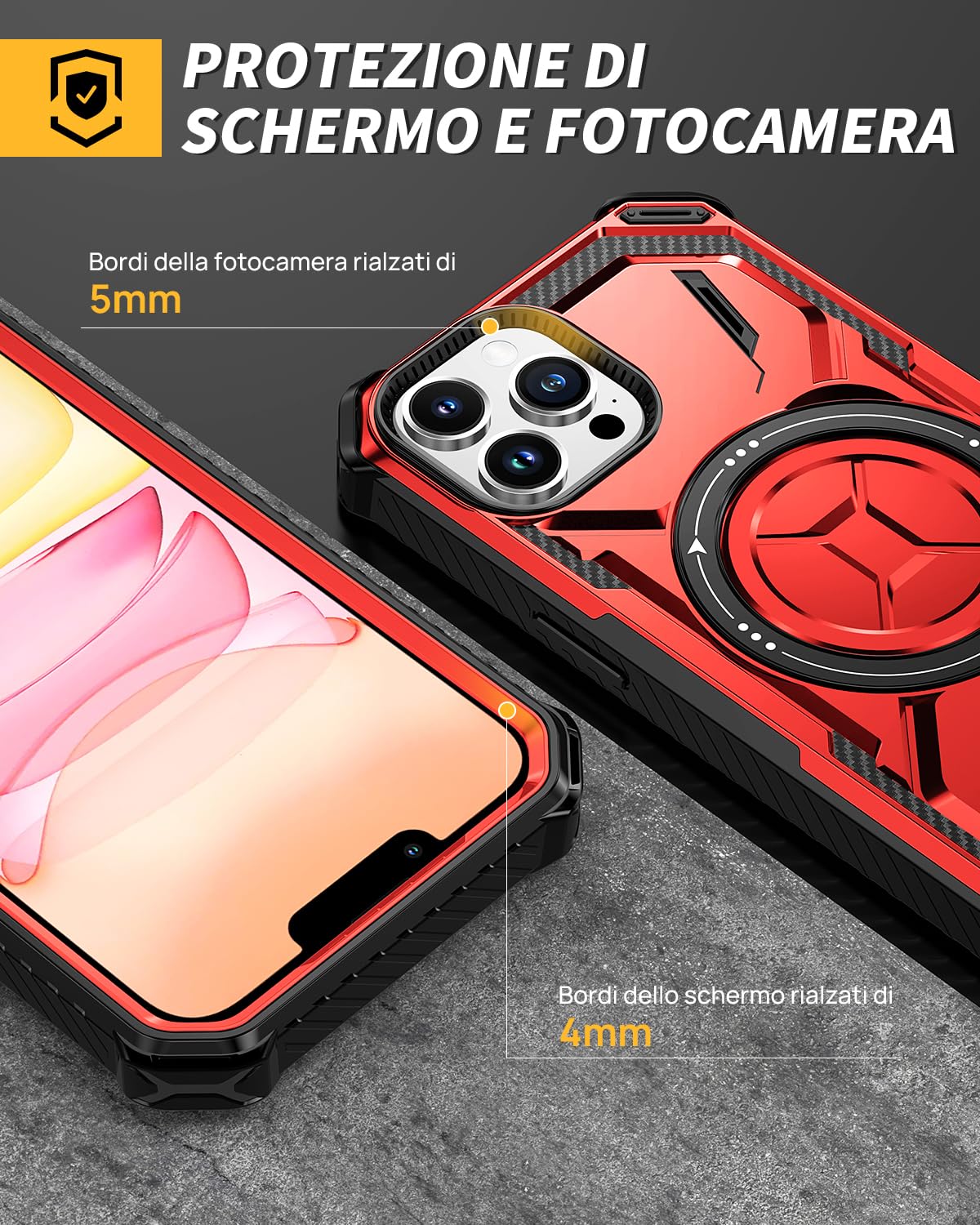 Lanhiem Cover iPhone 13 PRO Max con 2 Pezzi Vetro Temperato, Supporto Magnetico Anello a 360° Protezione 6FT Antiurto Anticaduta Militare Armor Protezione, Custodia iPhone 13 PRO Max, Rosso