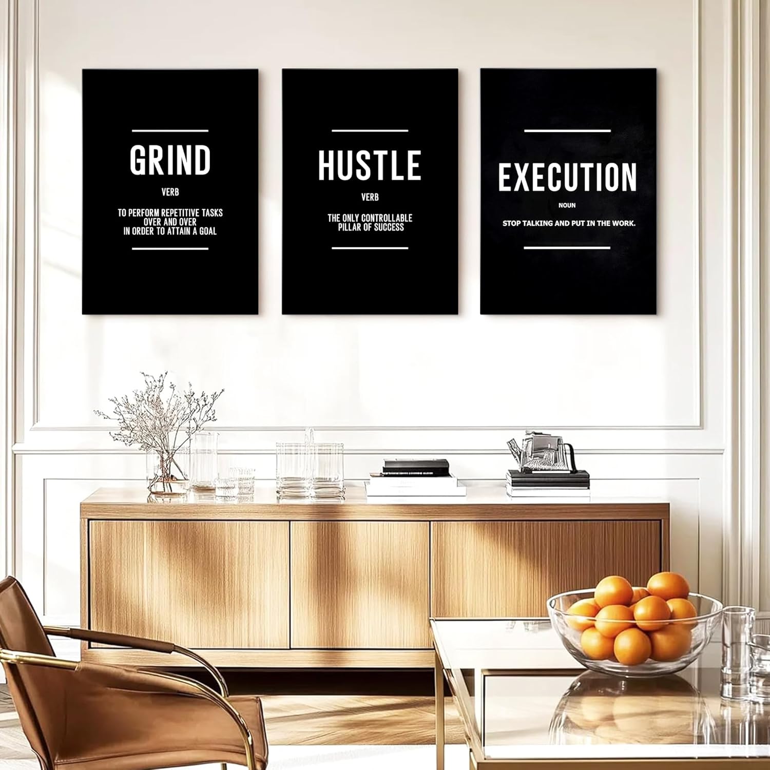 Inspirational Wall Art 3 Pieces, Grind Hustle Execution Motivational Wall Decor - Motivational Positive Quotes Framed Artwork for Office, Home Decor, Living Room, Bedroom, Ready to Hang