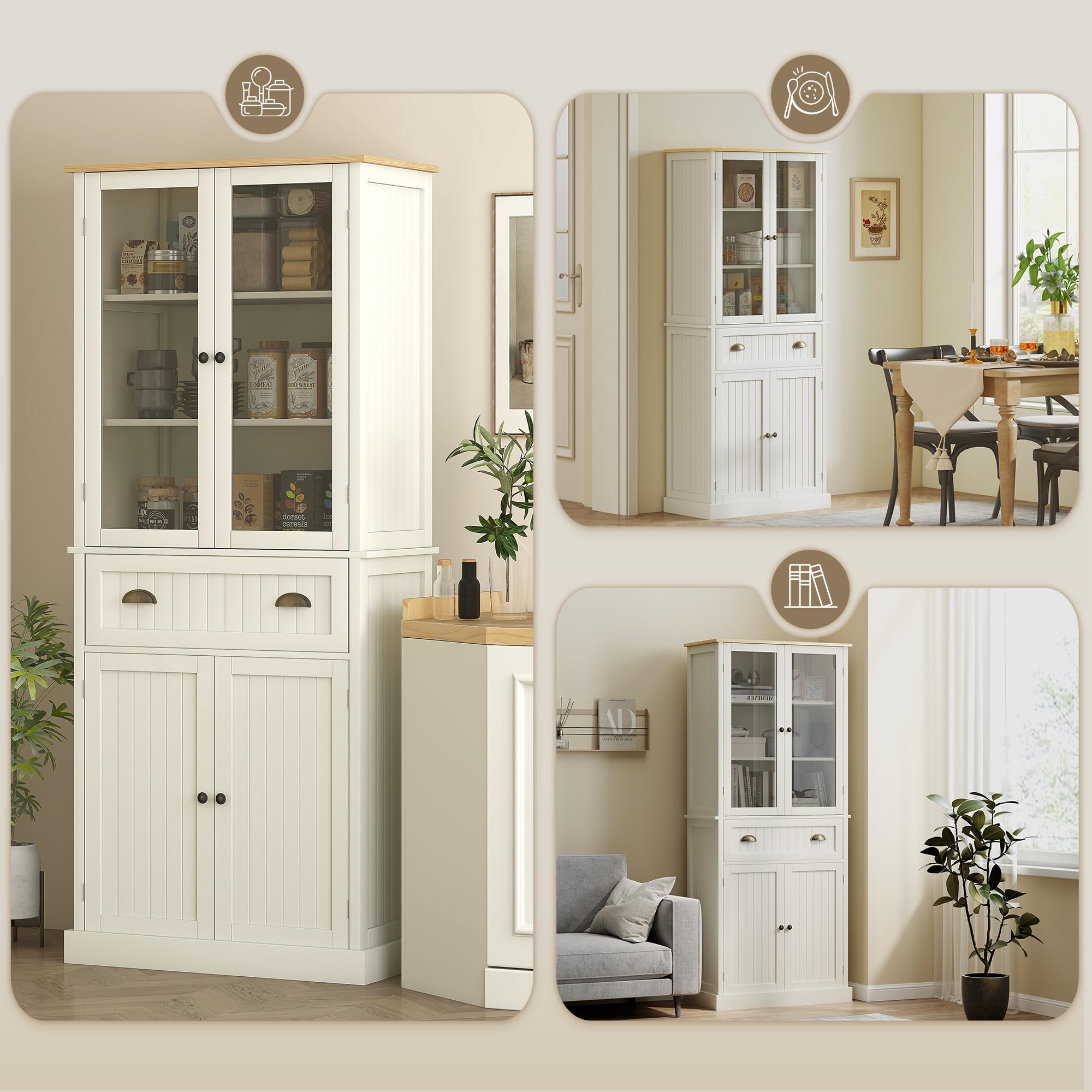 HOMCOM Mobile Dispensa a 5 Livelli con Cassetto Centrale, Dispensa per Cucina, Sala da Pranzo e Soggiorno con Ripiani Regolabili e Ante in Vetro Temperato, 76x40x182.5 cm, Bianco Crema