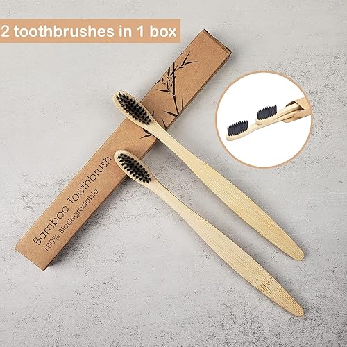 Miniatura 2 de SEVENHEAD 2 cepillos de dientes de bambú cerdas suaves de madera para adultos, cepillos de dientes naturales biodegradables libres de BPA