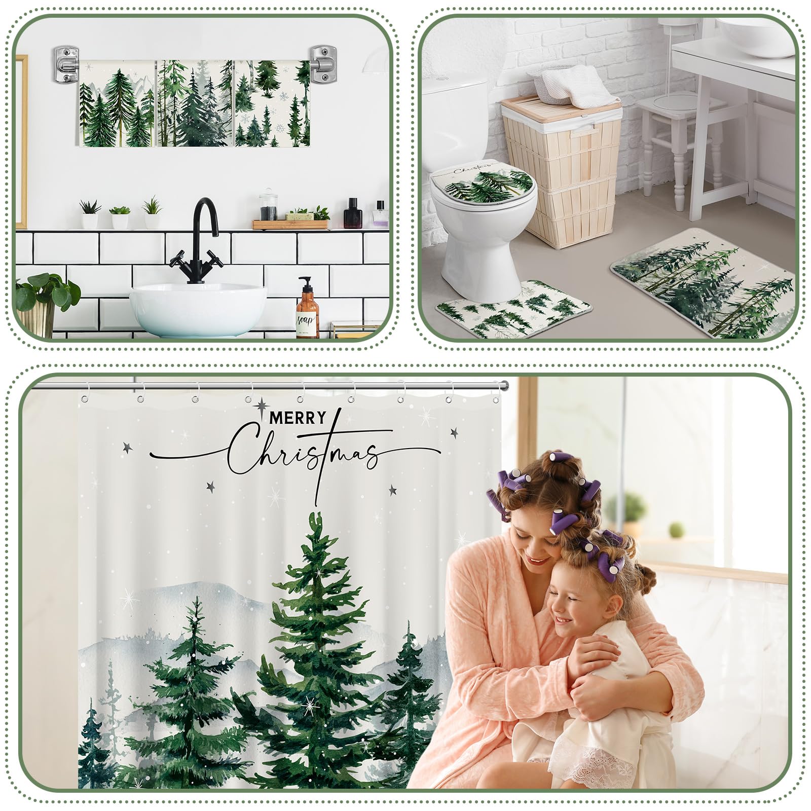 Juego de 7 cortinas de ducha de Navidad, color rosa y verde, con diseño de árbol de Navidad, cortina de ducha impermeable con alfombra antideslizante, toallas, tapa de inodoro, tapete de 4