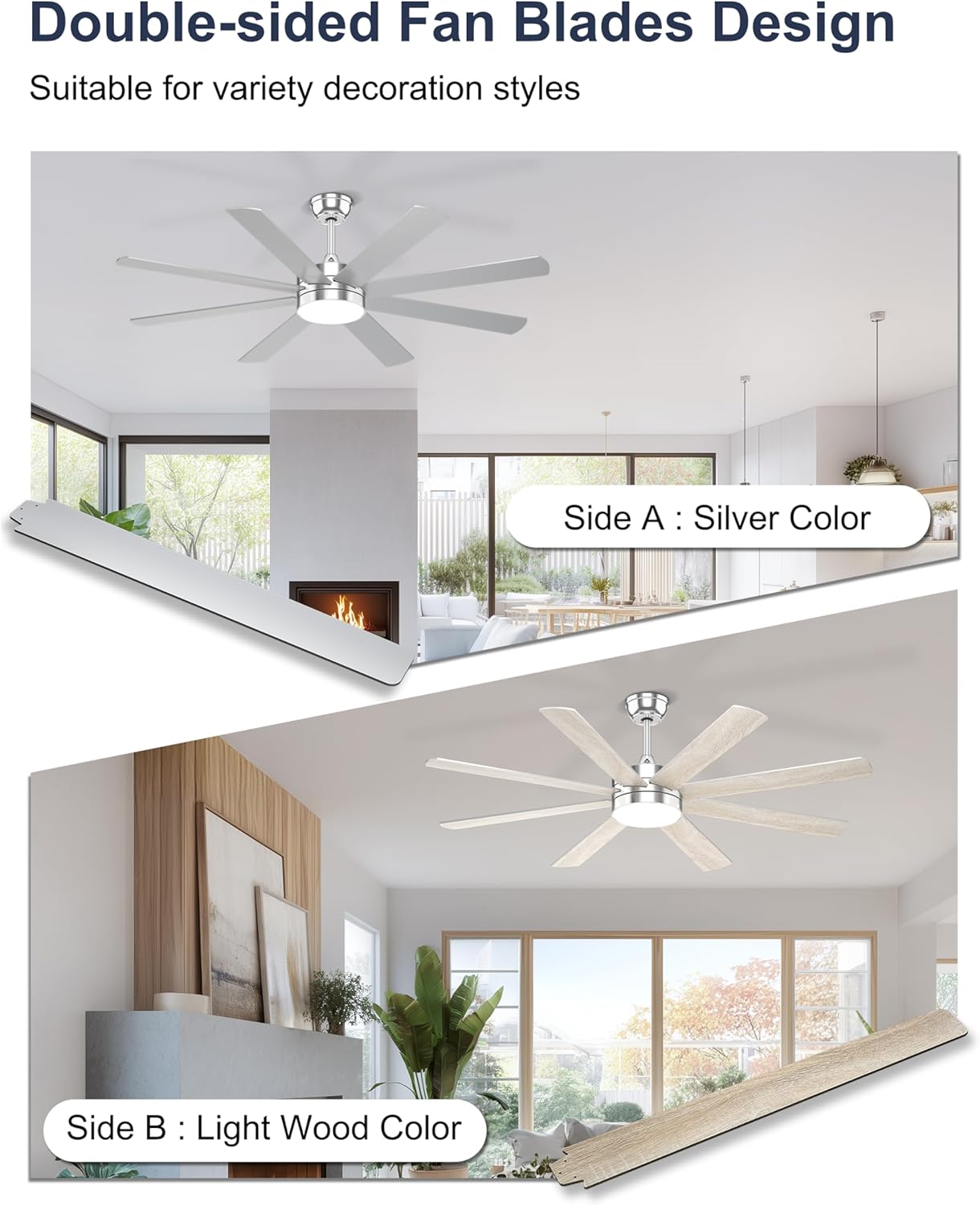 60'' Silver Ceiling Fans with Lights - 8 Blades Ceiling Fan Remote/APP Control, Dimmable, Silent DC Motor Ceiling Fan for Indoor/Covered Outdoor