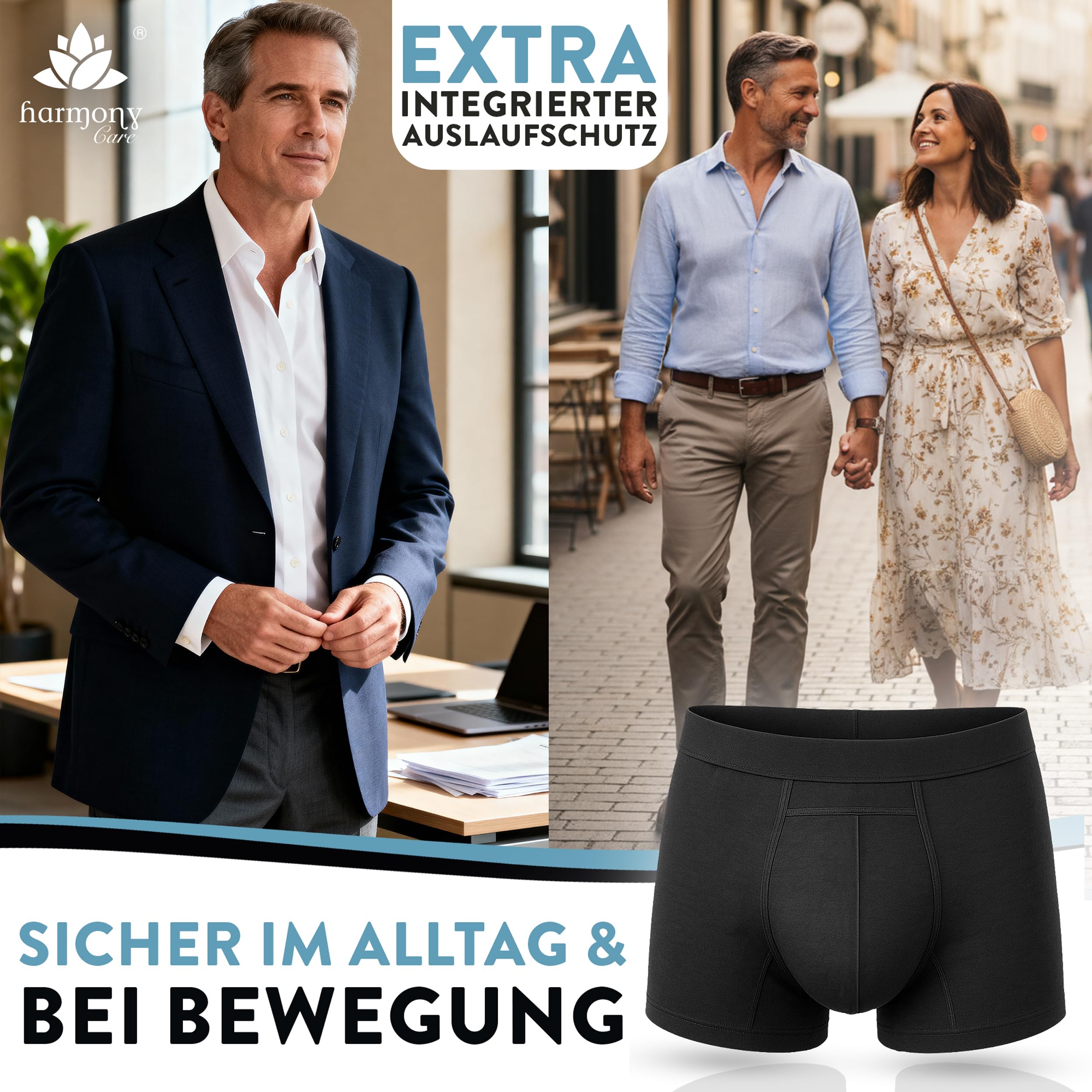 Harmony Care® 3x Premium waschbare Inkontinenz Pants Männer - extra auslaufsichere Unterhose bei leichter Blasenschwäche - diskrete Inkontinenz Shorts inkl. Waschnetz - Medium