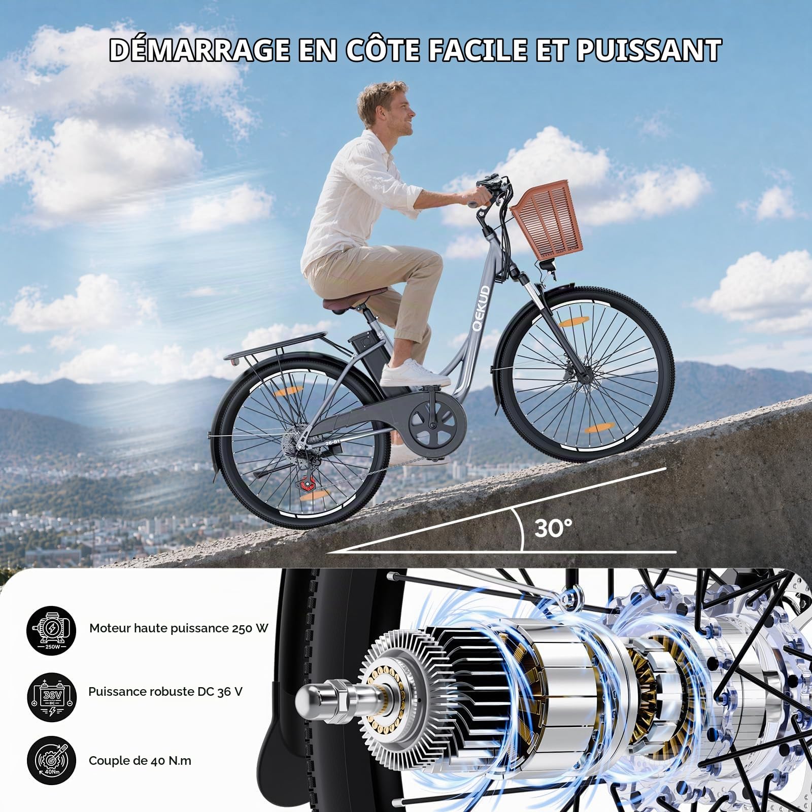Vélo électrique pour femme/homme 26" avec panier à vélo, vélo de ville de trekking avec batterie 36 V 13 Ah, gris