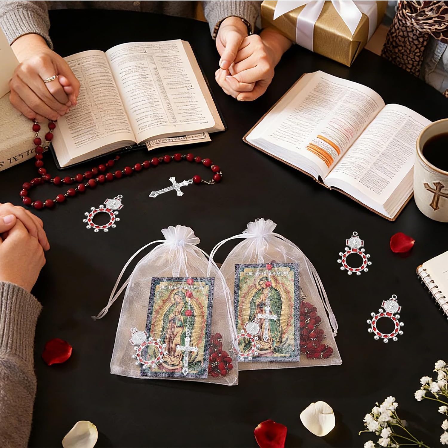 Cunno 40 Pcs Catholic Gifts Prayer Card Rosary Beads Necklace Ring Baptism Favors for First Communion Religious Church Women(Guadalupe)