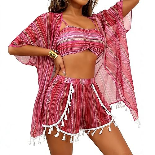 3 Piece Swimsuit with Cover Up Women Mesh Tassel Bikini
