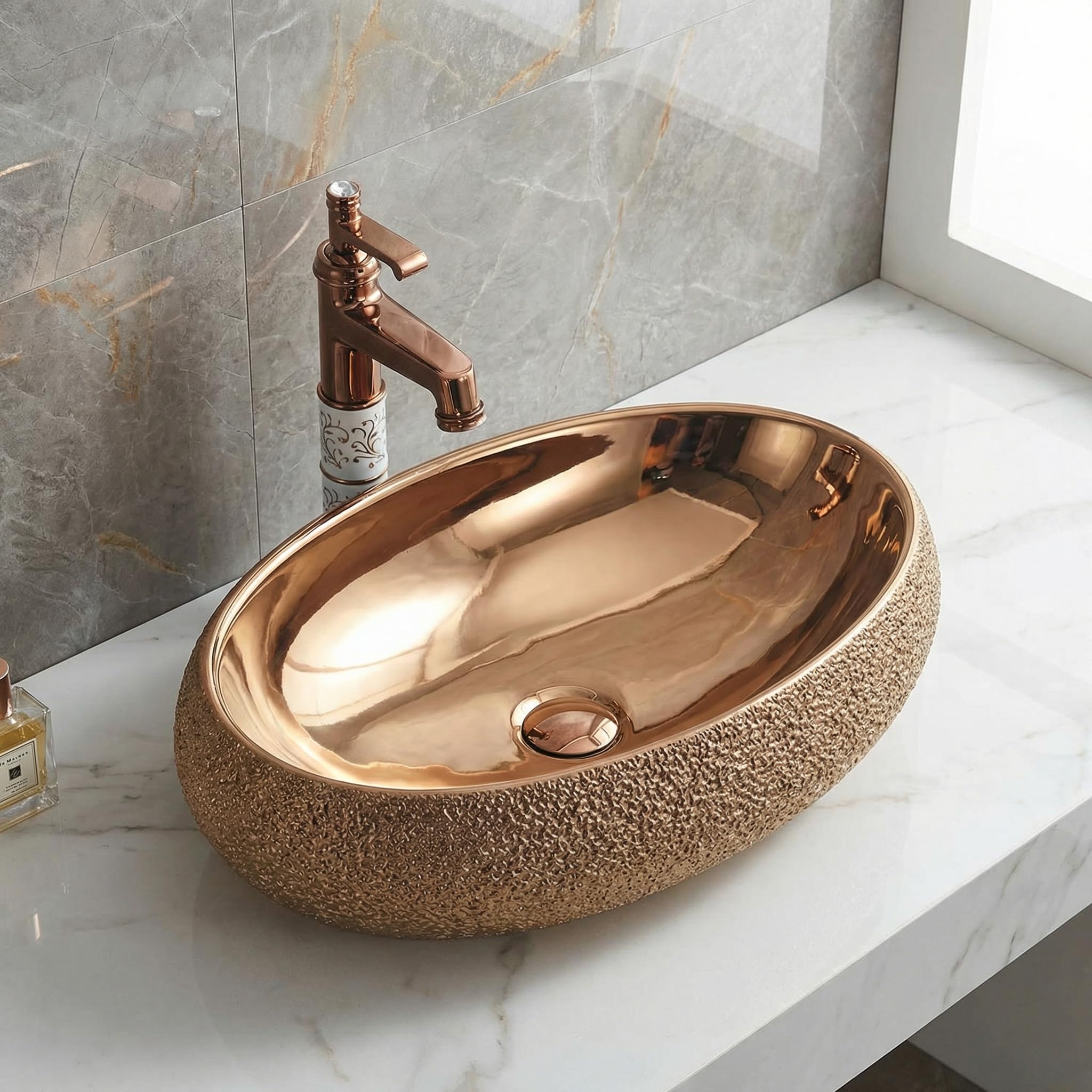 Inart Table Top Premium Designer Ceramic Wash Basin/Vessel Sink for Bathroom 24 x 16 x 6 Inch Rose Golden Color Polished Finish-image-9