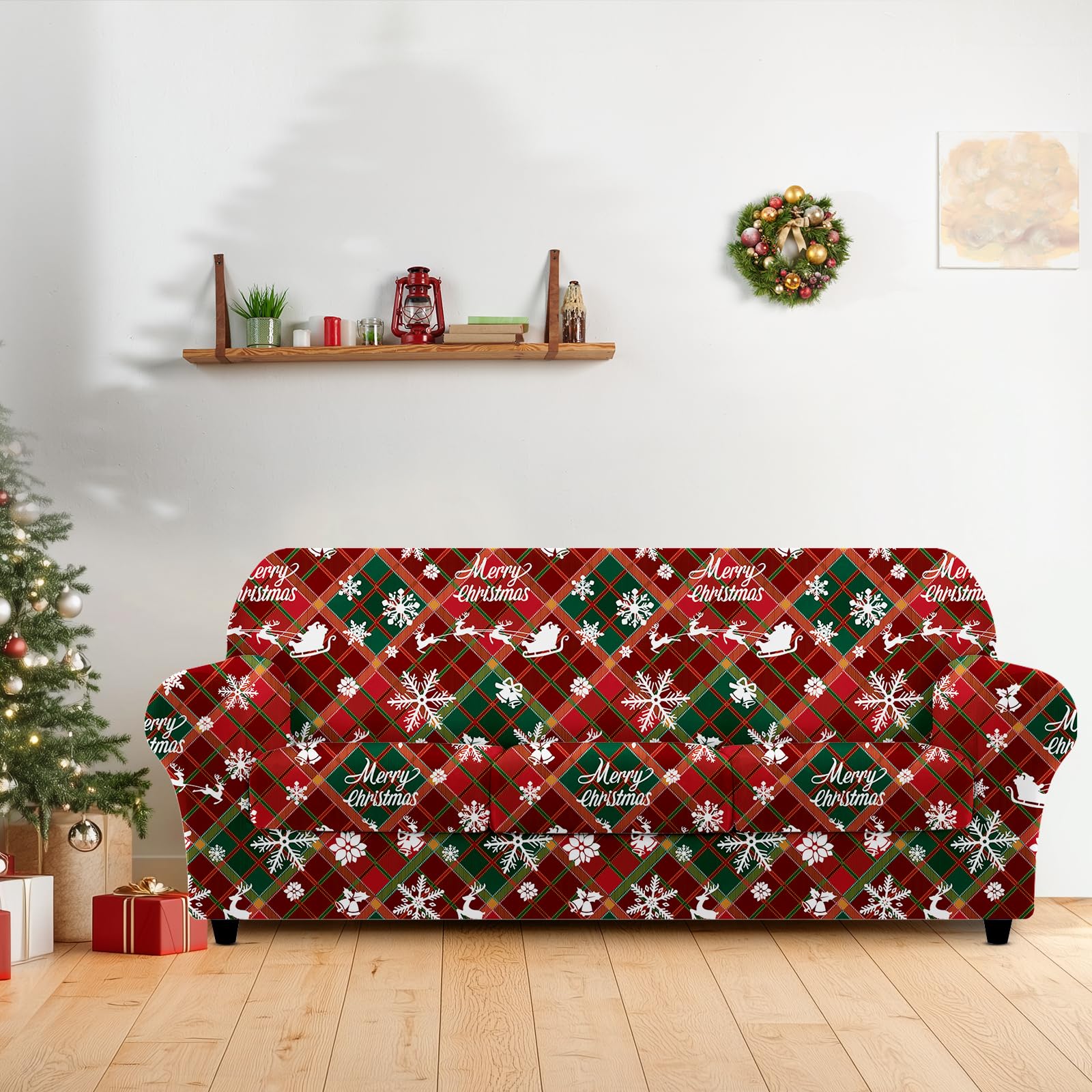Lot de 4 Housses de canapé de Noël 3 Places avec Housse élastique Extensible - Imprimée - avec accoudoirs - Douce et antidérapante (Flocons de Neige à Carreaux)