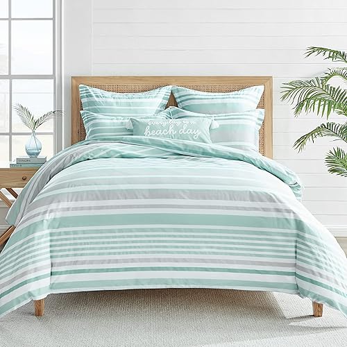 Miniatura 1 de Levtex Home - Juego de funda de edredón Truro Spa - Funda nórdica King + dos fundas de almohada King - Rayas - Spa, gris y blanco - Funda de edredón