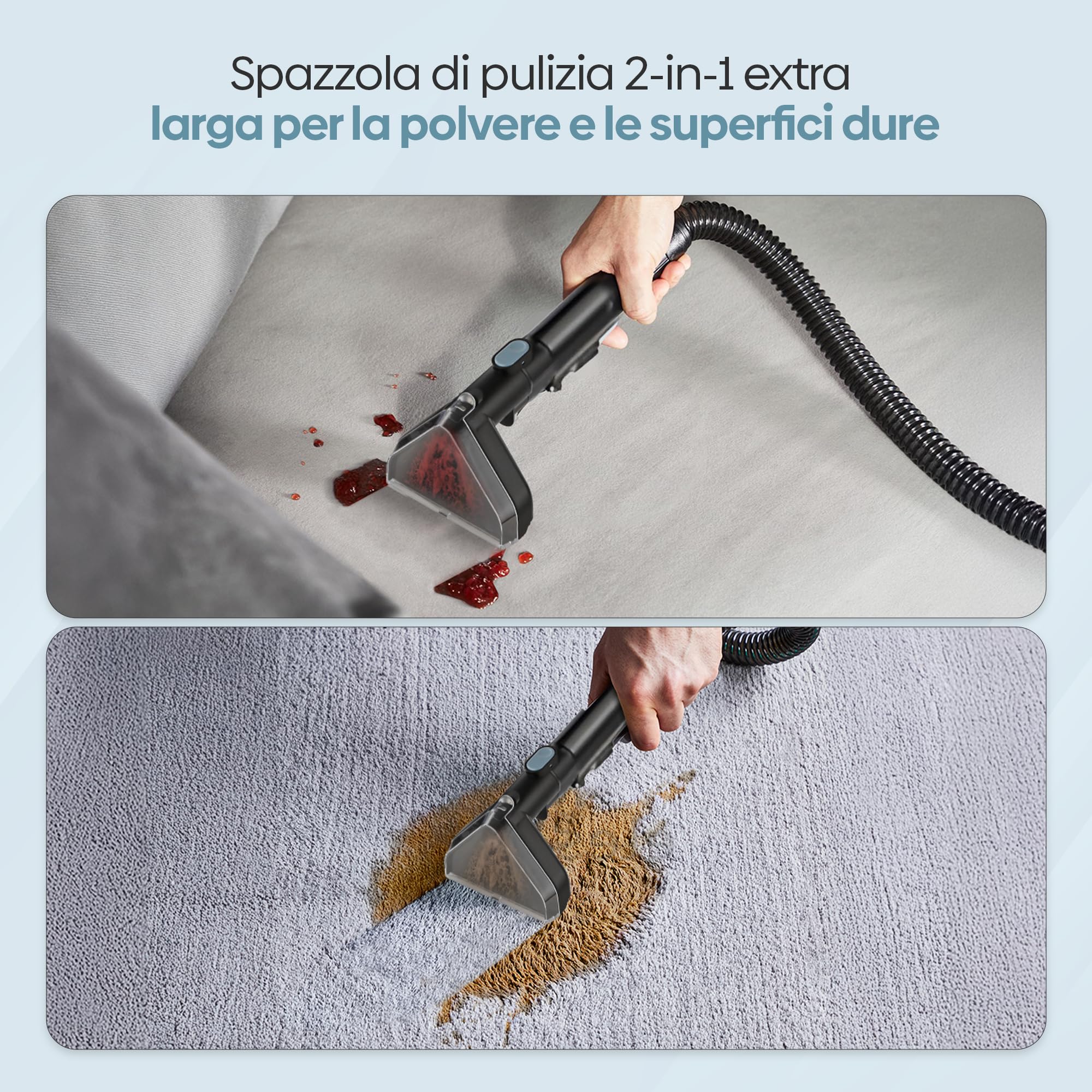 Olvy Pulitore Tappeti 2.0 – Potente Rimuovi Macchie 17.000 PA con Tubo 1,6m, Cavo 4m, Funzione Autopulente & 500ml Soluzione Pulente – Tappeto, Divano, Materasso & Auto