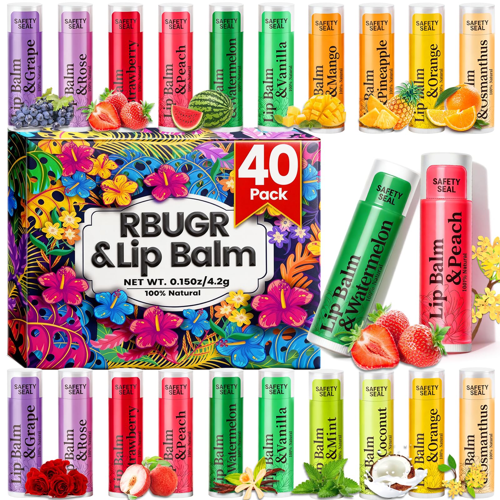 RBUGR 39 Pack Lip Balm, 12 Flavored in Bulk Natural Set, Beeswax Moisturising & Soothing Bulk Gifts for Women Stocking Stuffers Party Favors (4.2g/0.15oz)