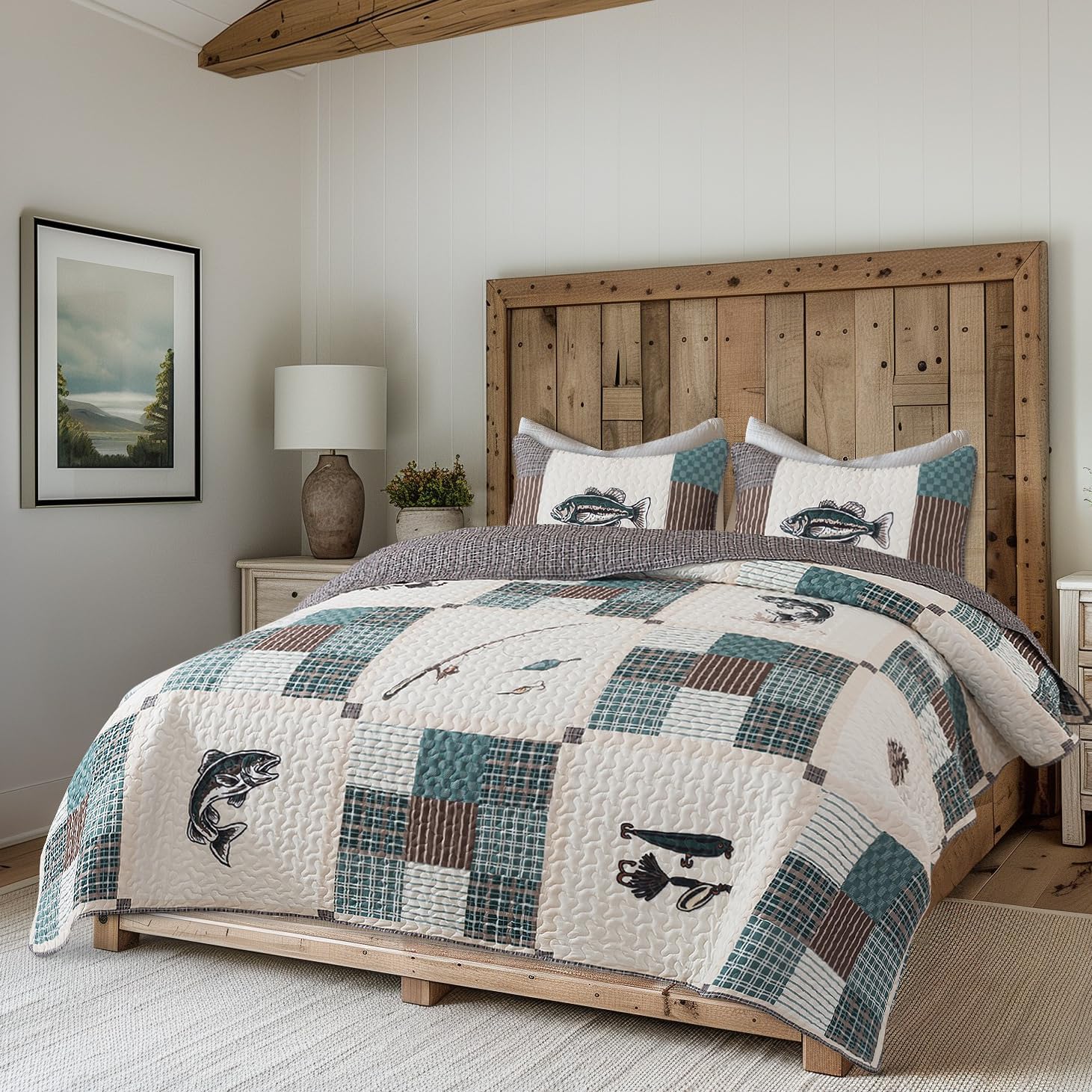 Soul & Lane Fishing Quilt Set – Twin and 1 Sham, Cozy Lake Bedding for Lodge or Cabin Themed Rooms, Rustic Bedspread with Fish Theme Design, Quilted Cabin Coverlet, Fisherman’s Tale