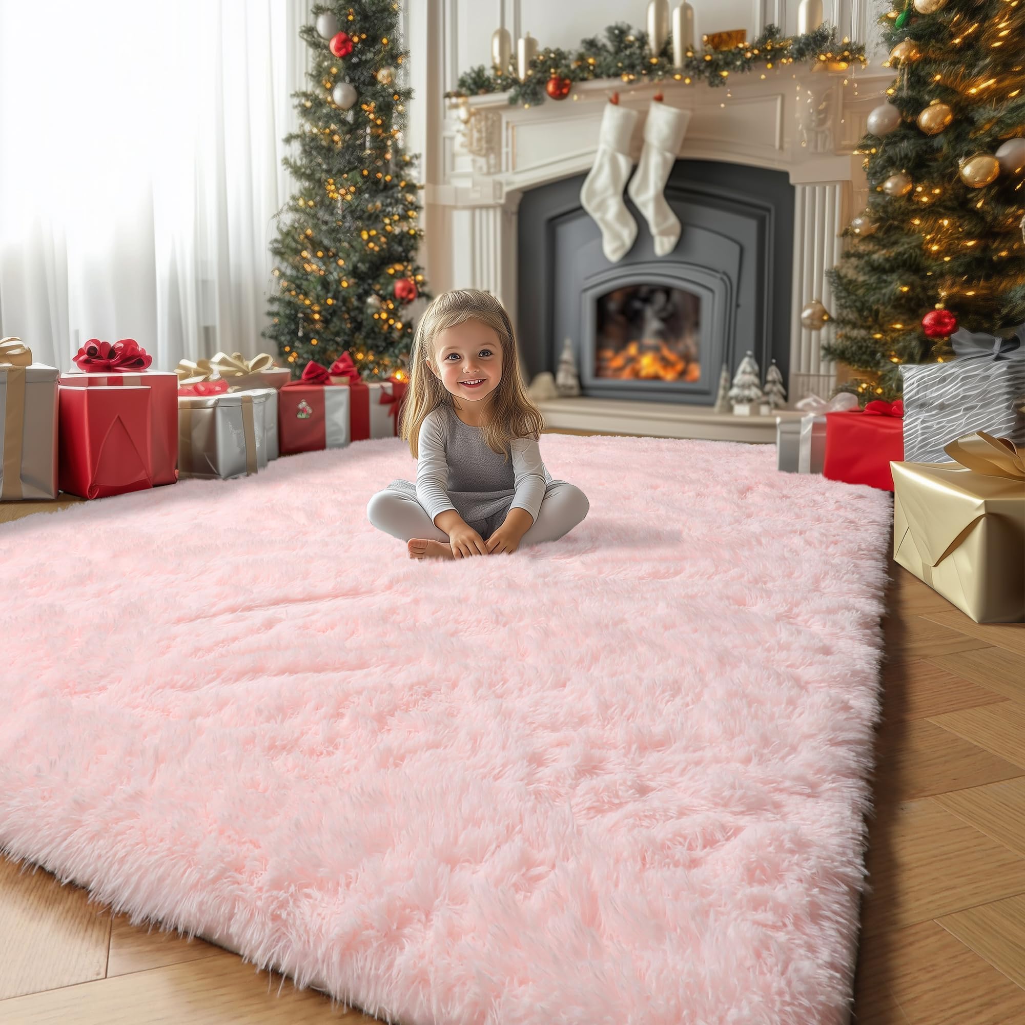 Pink Area Rug for Girls Bedroom,Fluffy Shag Rug 4'X6' for Living Room,Furry Carpet for Kids Room,Shaggy Throw Rug for Nursery Room,Fuzzy Plush Rug for Dorm,Pink Carpet,Cute Room Decor for Baby