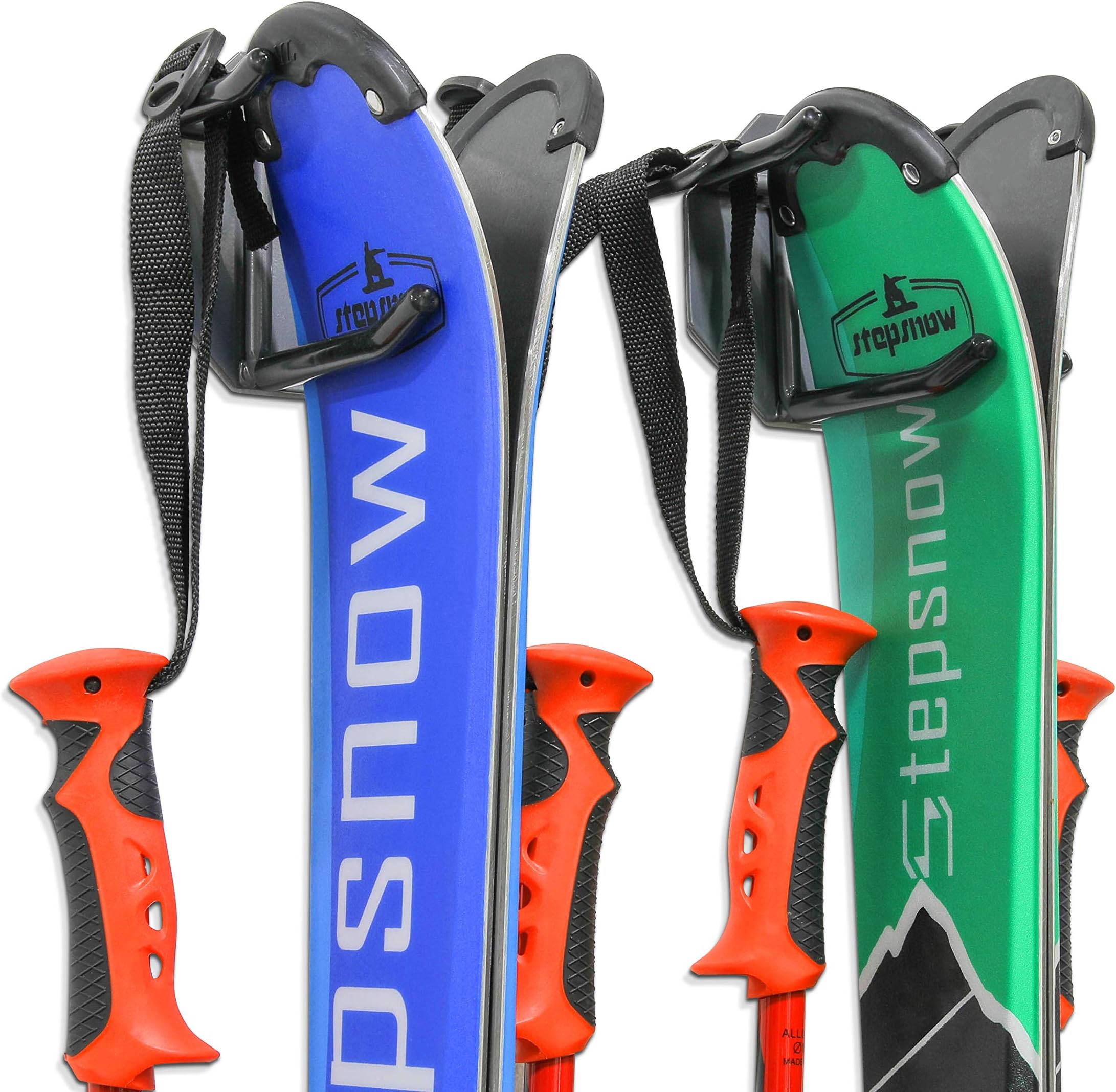 RaxGo Ski Wall Mounted Rack, Holds Skis & Skiing Poles or Snowboard for Home and Garage Storage, Heavy Duty and Rubber-Coated Hook, (Set of 2)