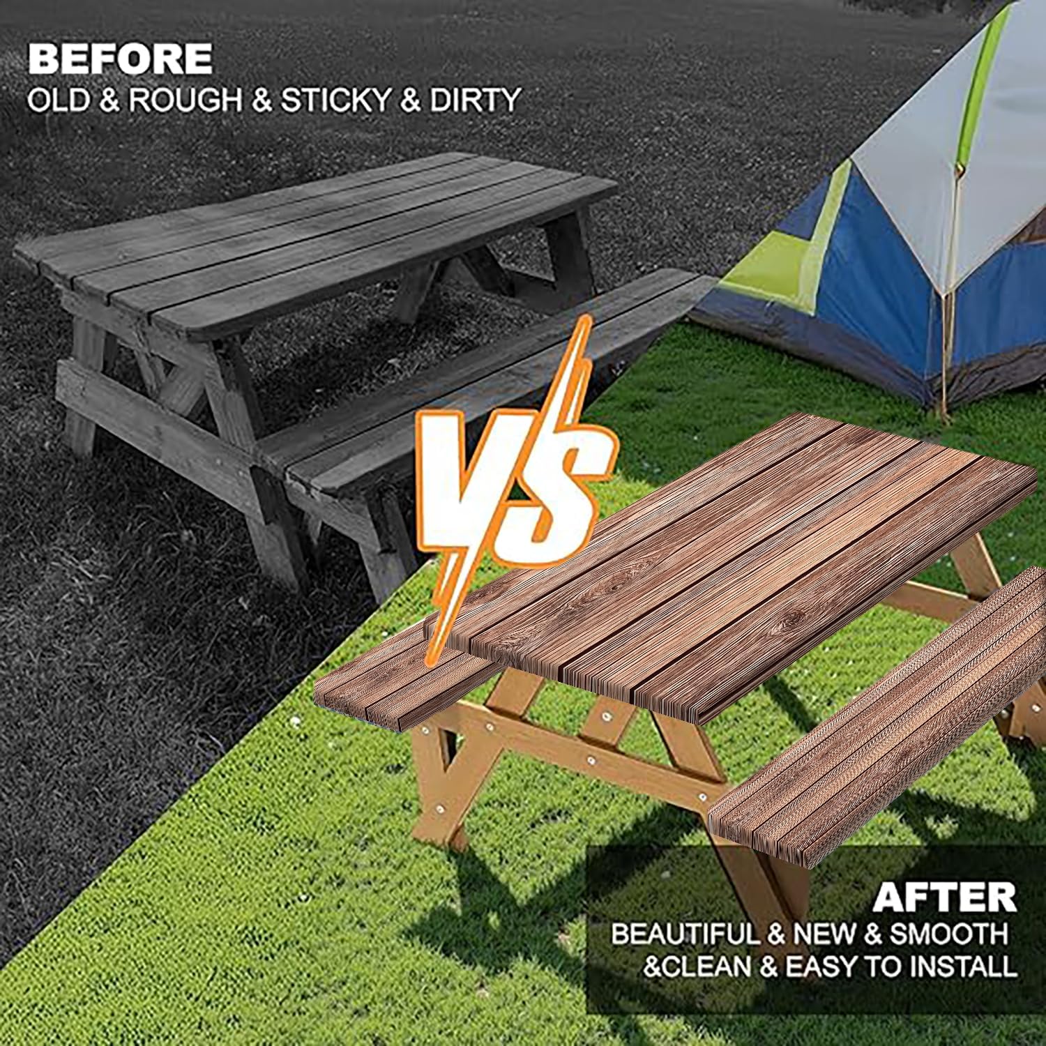 Picnic Table Cover with Bench Covers Camping Essentials Farmhouse Outdoor Table Covers Wood Grain Waterproof Windproof Fitted Tablecloth Cover with Elastic Edge for Indoor & Outdoor 3 PCS 30x72 Inch