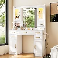 KAMABOKO White Makeup Vanity Desk with LED Lights, Mirror, Power Outlet, 5 Drawers & 4 Cabinets - Bedroom Dressing Table