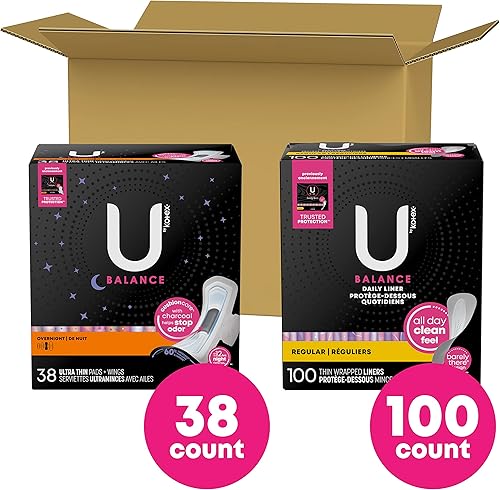 Miniatura 2 de U by Kotex Kit de período de equilibrio almohadillas ultrafinas para la noche con alas, 38 unidades y revestimientos de bragas envueltos