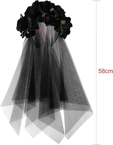 Miniatura 5 de HAOZAIKEJI Halloween Fantasma Novia Velo Floral Corona Tocado Muerto Zombie Headwear Bruja Negro Encaje Corona Fiesta Fantasía