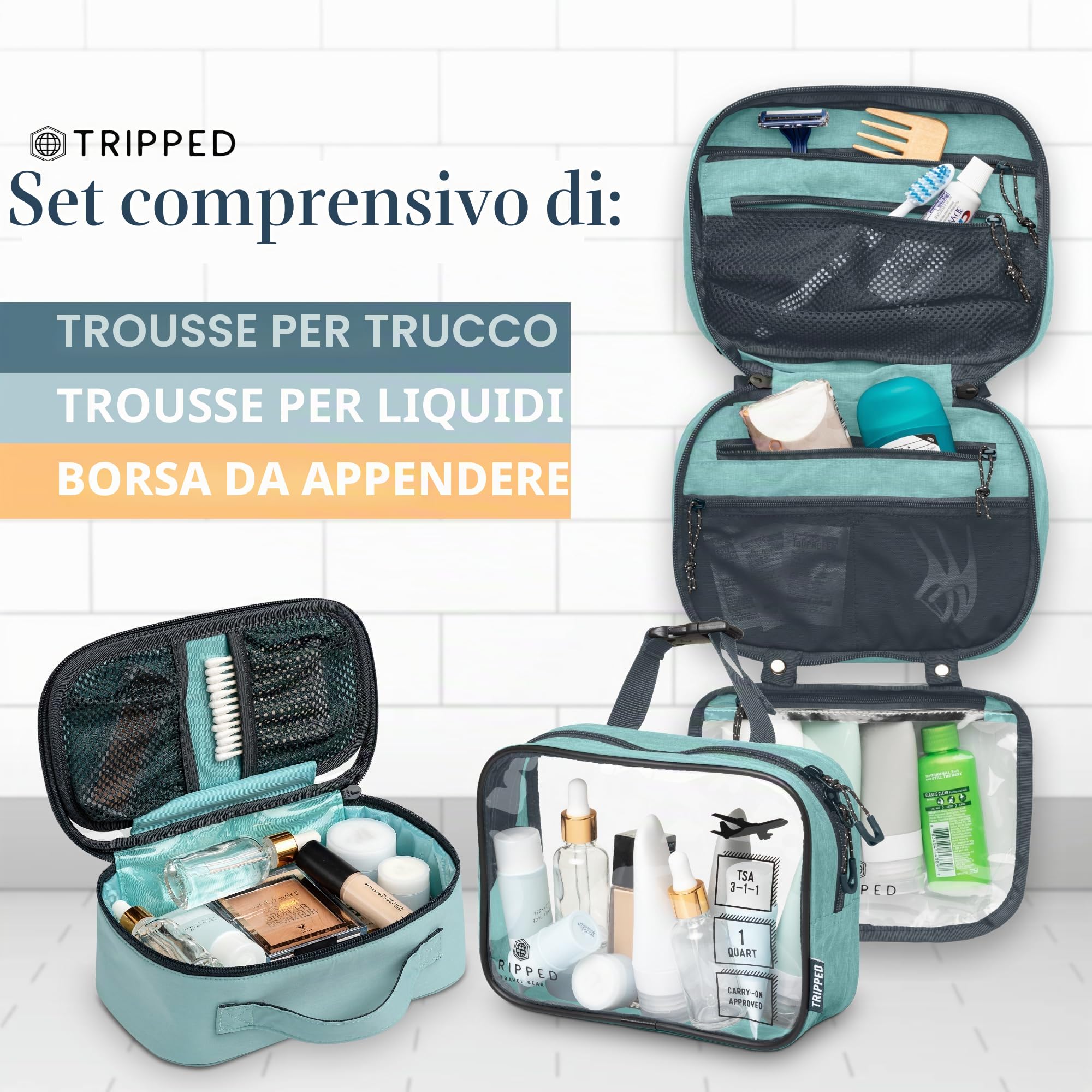 Set di trousse da toilette: borsa da toilette da viaggio da appendere + 311 TSA Cosmetic Liquid Bag + custodia organizer per accessori ultraleggera