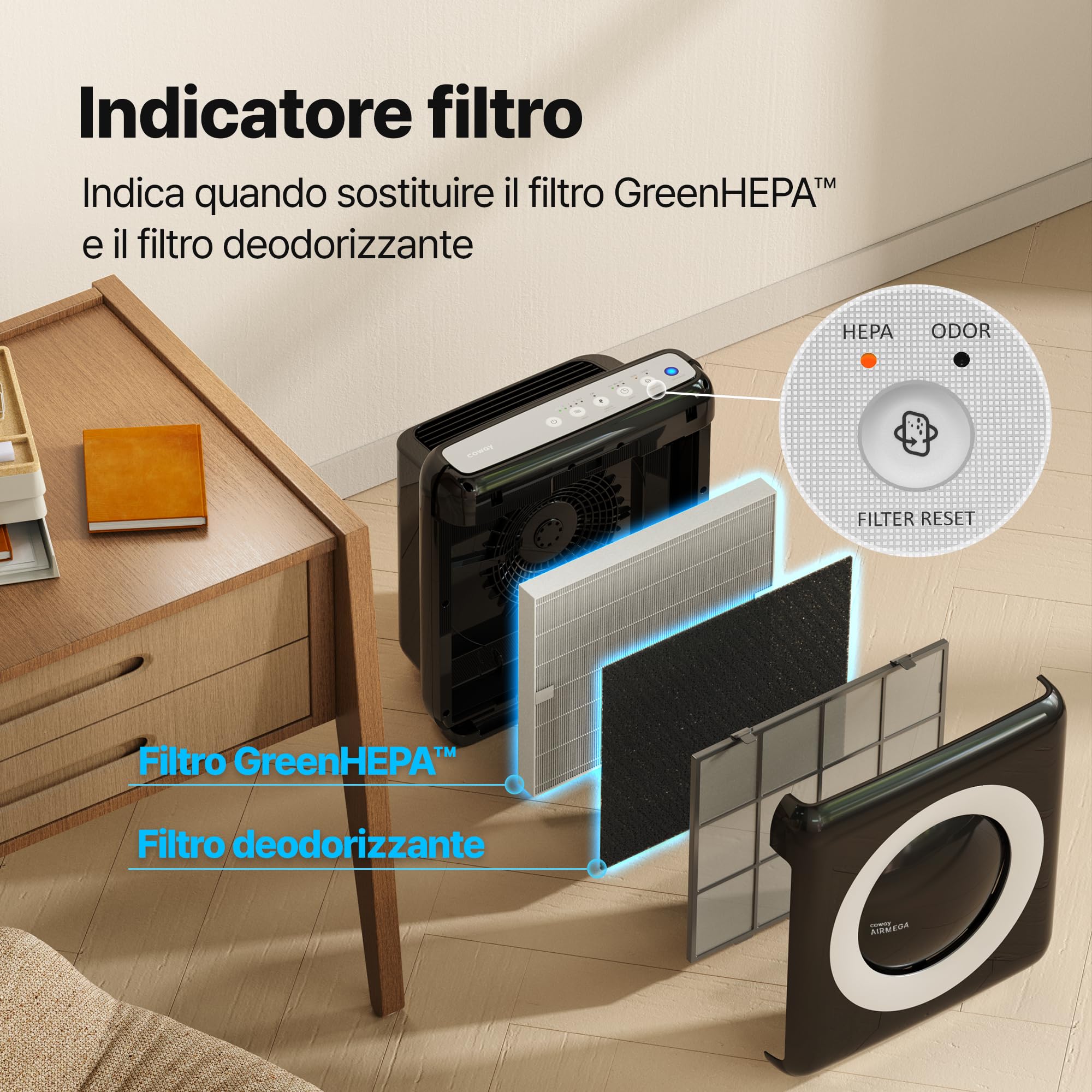 COWAY Purificatore d'aria con filtro HEPA, ionizzatore, prima scelta di Wirecutter, rimuove il 99,999% di particelle nocive fino a 0,01 µm per allergie, CADR 421 m³/h, ap-1512hh MIGHTY (Nero)