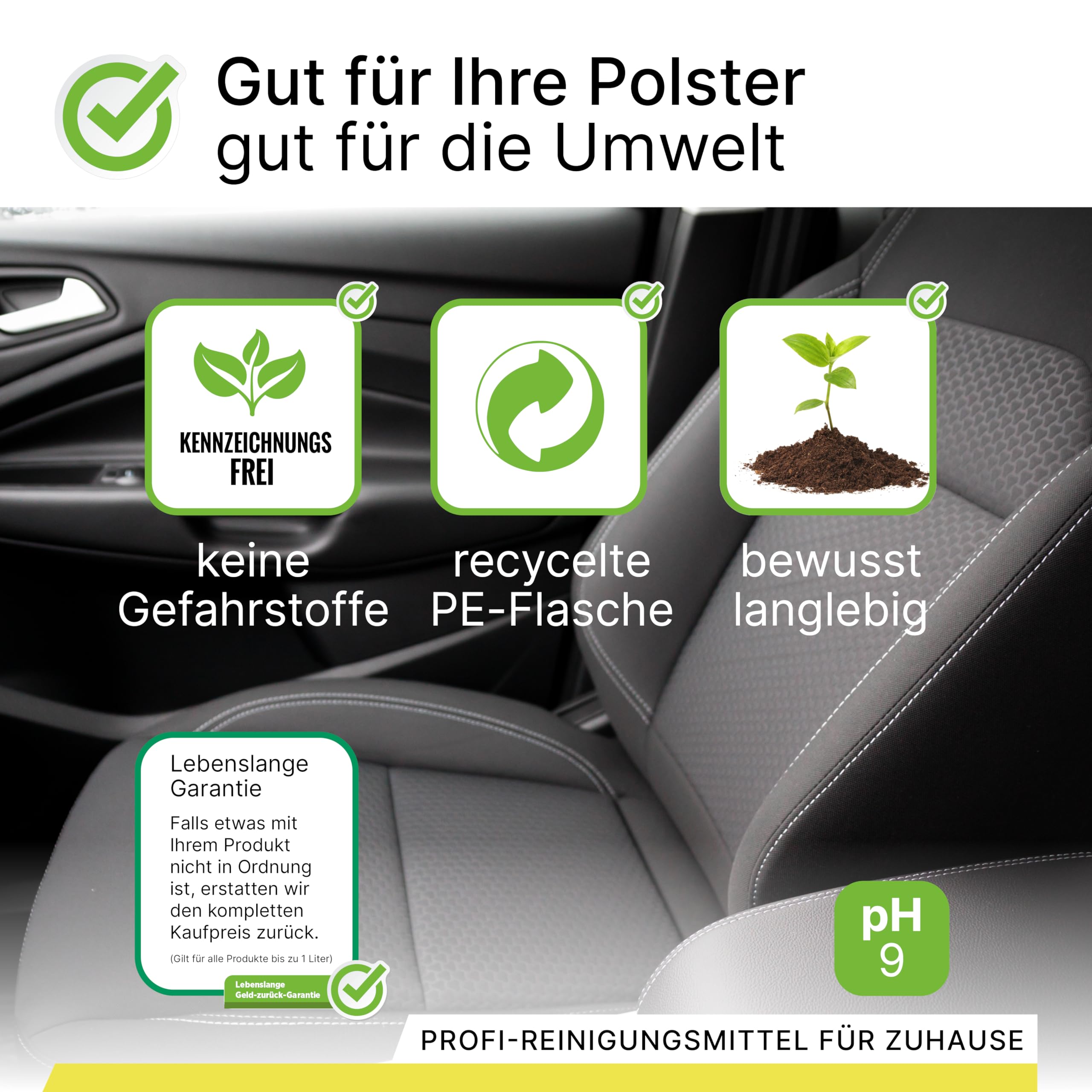 BiOHY Cura della tappezzeria dell'auto (6 bottiglie da 1l) + Distributore | Cura degli interni dell'auto | shampoo detergente efficace | smacchiatore per sedili auto (KFZ Polster)