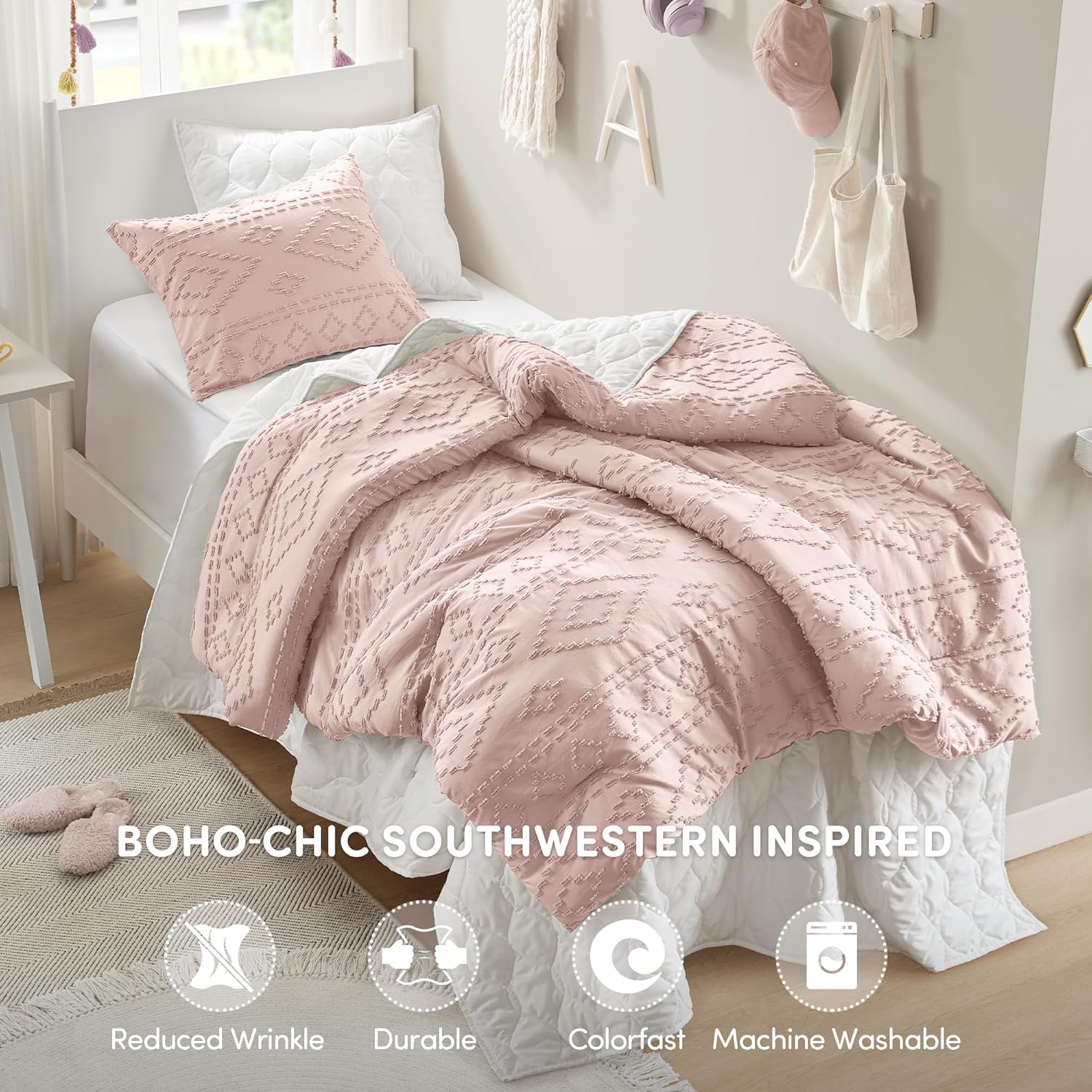 Comfort Spaces Twin/Twin XL Comforter Set for College Tufted Boho Dorm Comforter Set Twin XL Size, All Season Lightweight Bedding Set Girl, Matching Sham Pink 2 Piece