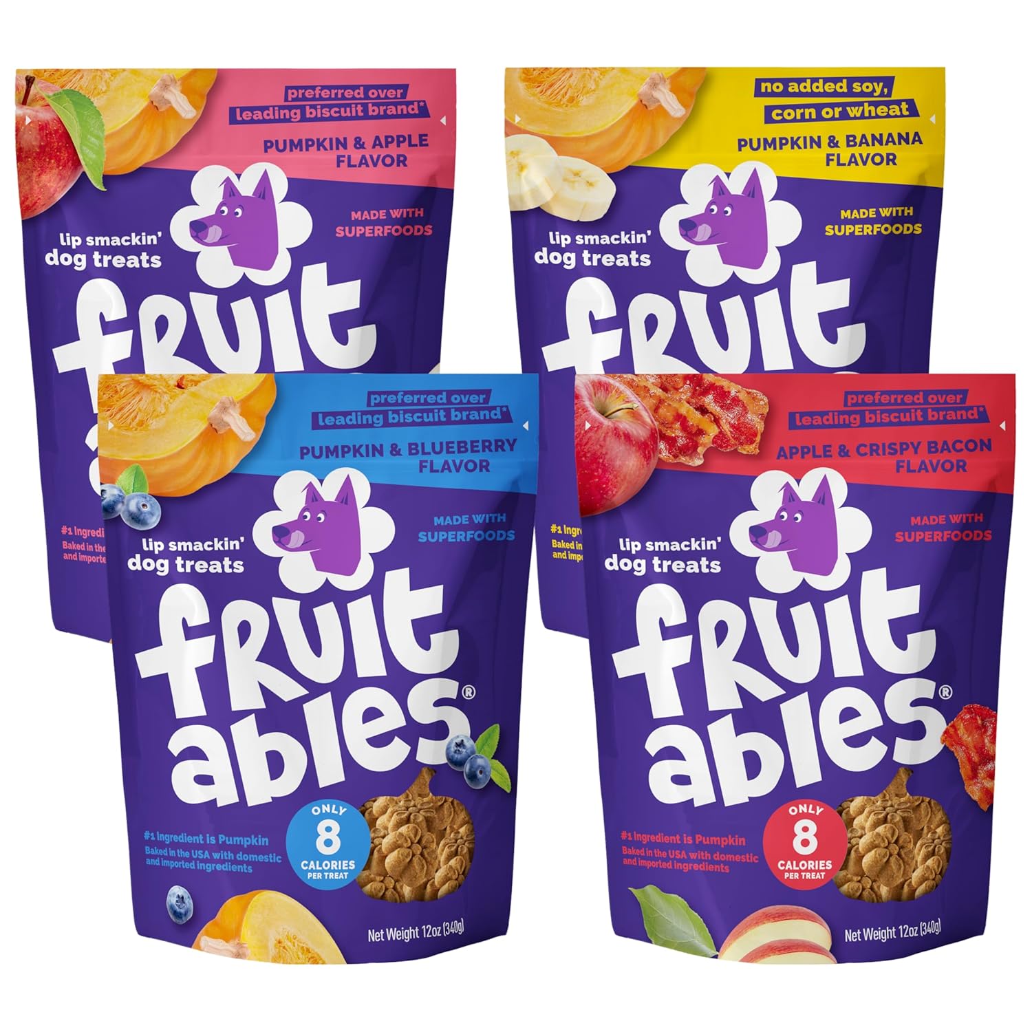 Fruitables Crunchy Dog Treats, (4) 12oz bag Variety Pack (Apple/Bacon, Pumpkin/Blueberry, Pumpkin/Banana, and Pumpkin/Apple)