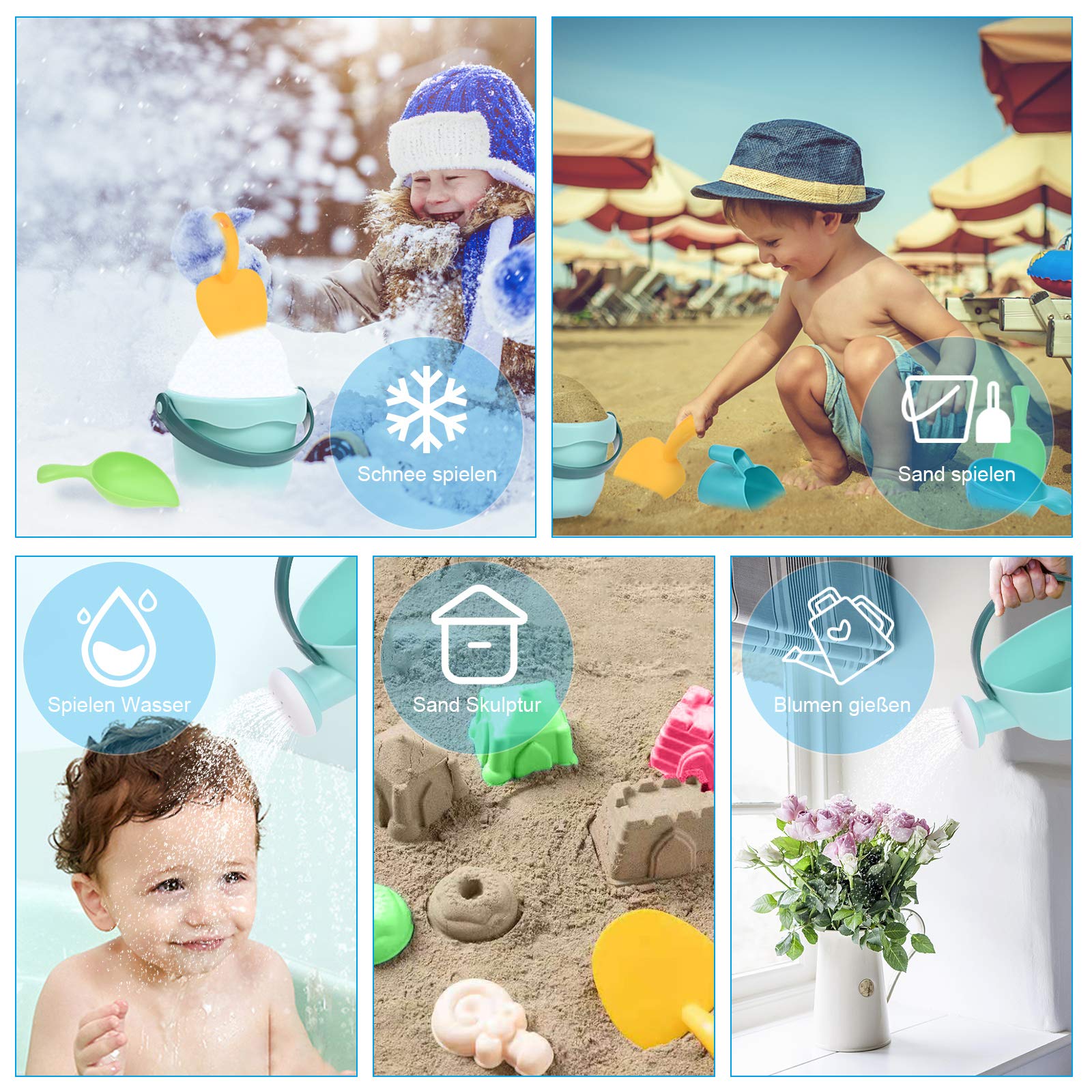 GOLDGE Sandspielzeug Set, 29Pcs Bunte Strandspielzeug Sandspielzeug Set mit Auto Eimer Schlossformen Netztasche Wasserspielzeug für Jungen Mädchen