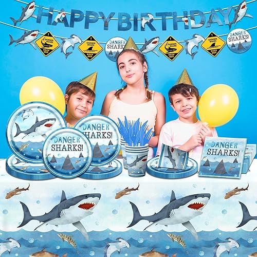 Miniatura 2 de Decoraciones de fiesta de cumpleaños de tiburón, juego de vajilla de 142 piezas de suministros de cumpleaños de tiburón, incluye platos y
