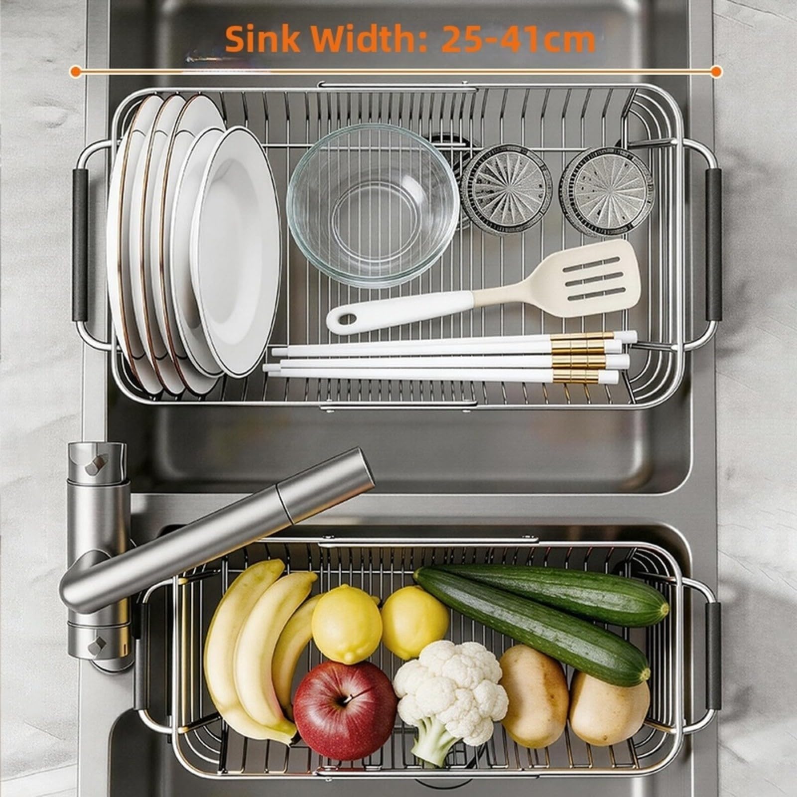 Égouttoir réglable en acier inoxydable 304 pour évier de cuisine – Égouttoir à vaisselle pliable avec poignées antidérapantes, extensible de 25 à 41 cm, argenté (grand)