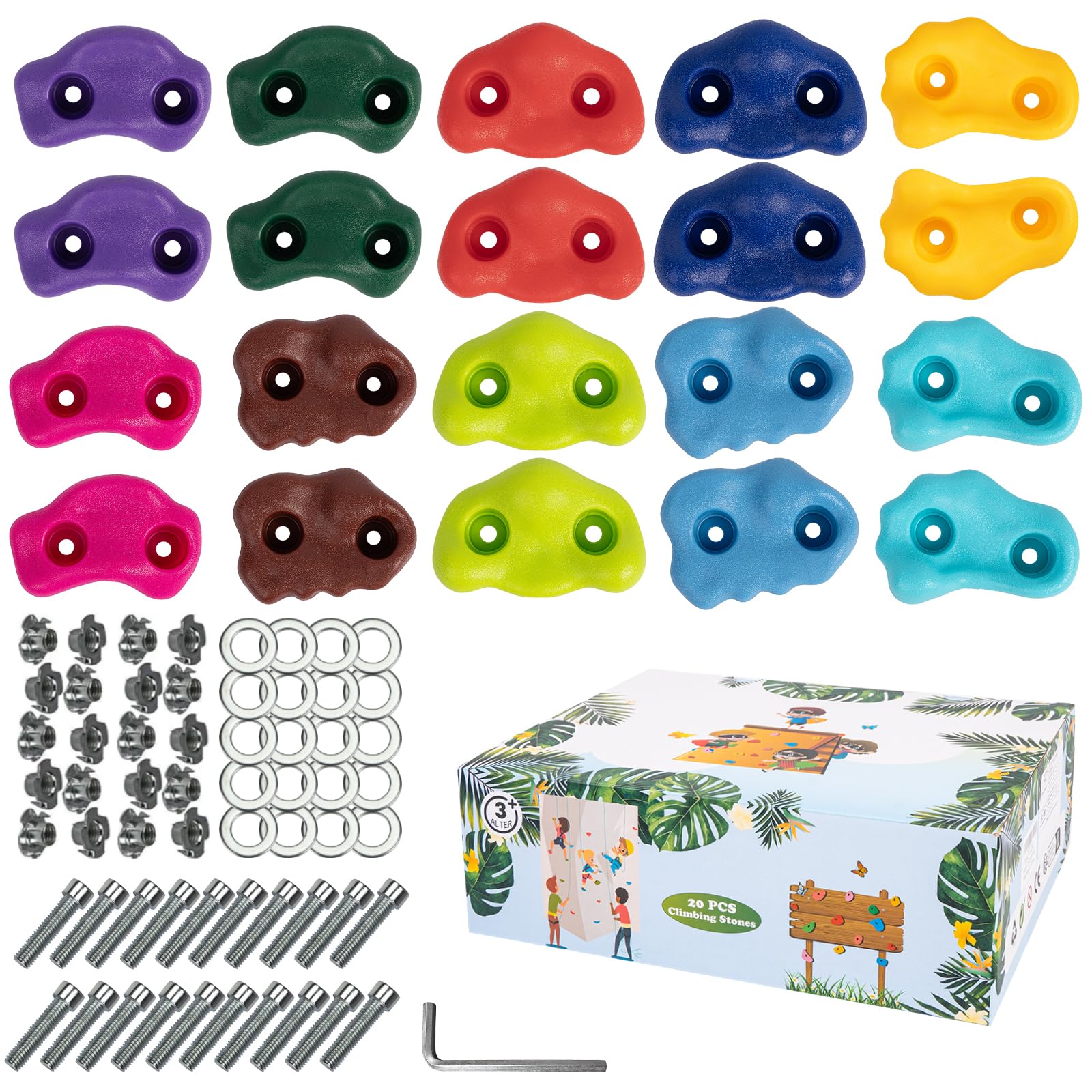 Klettergriffe, Klettersteine Kinder Outdoor, Kletterwand Griffe Mit Befestigungsschrauben Für Spielturm, Climbing Holds Für Weihnachts Und Geburtstagsgeschenke, 10 Farben (20)