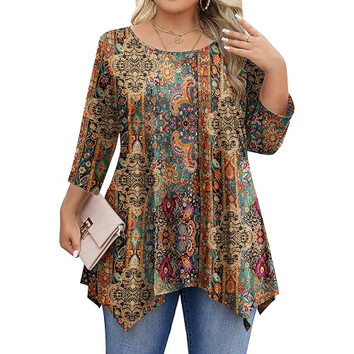 IN'VOLAND Plus Size Tops for Women 3/4 Sleeve Shirts Tunic Tops to Wear with Leggings Loose Fit Summer Fall Clothes