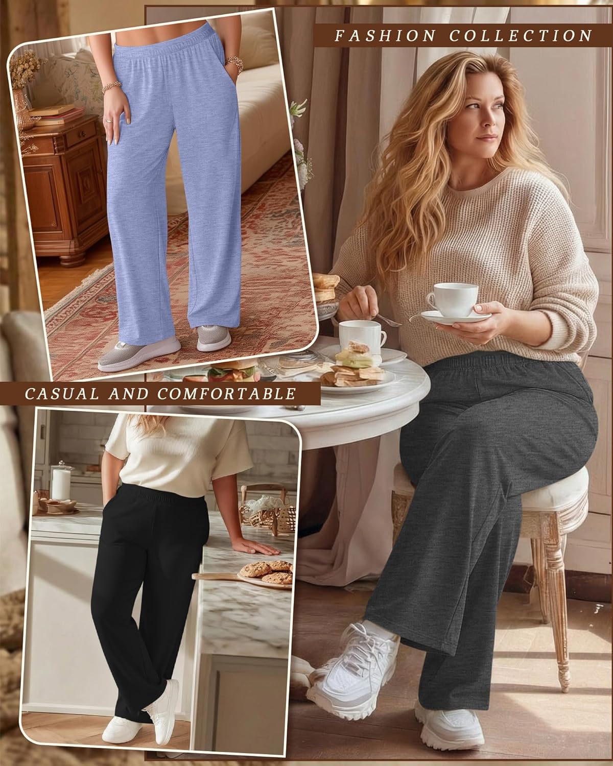 3 Pack Women's Plus Size Wide Leg Pants Baggy Yoga Pajama Pants Elastic Waist Casual Lounge Trousers with Pockets - Image 2