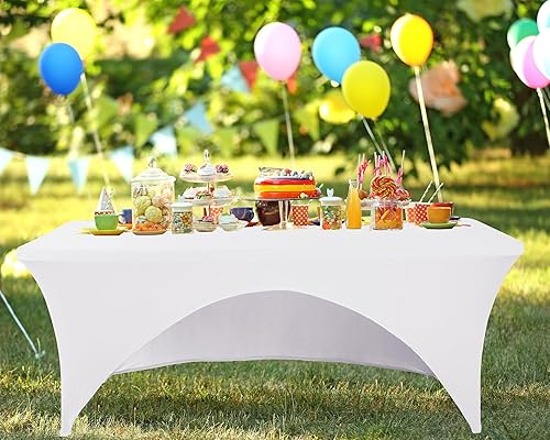 Miniatura 6 de Paquete de 2 manteles rectangulares de elastano blanco de 4 pies, elásticos, lavables, para fiestas, bodas, cócteles, banquetes, festivales